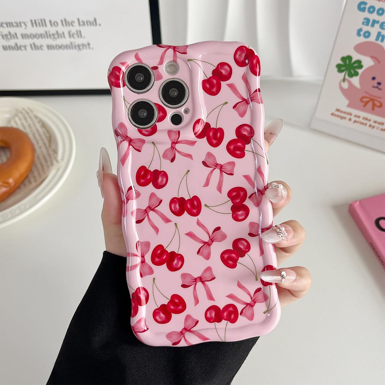 Compatible with iPhone 13 Pro Max Case, Cute Wave Curly Pink Cherry Bow Phone Case for Women, Soft TPU Shockproof Protection Cover Designed for iPhone 13 Pro Max 6.7 inch - Image 2