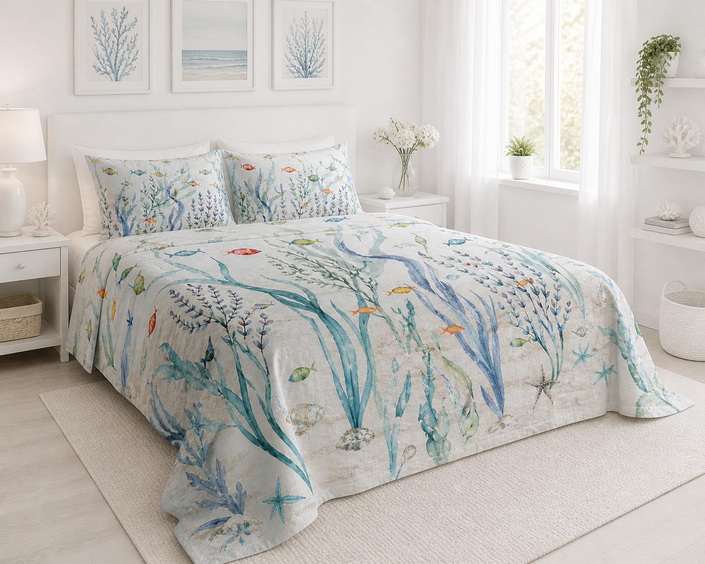 Tex family Set Lenzuolo Copriletto con Balza Matrimoniale 250x290 + 2 Federe 50x80, 100% Cotone, Fantasia Mare Blu