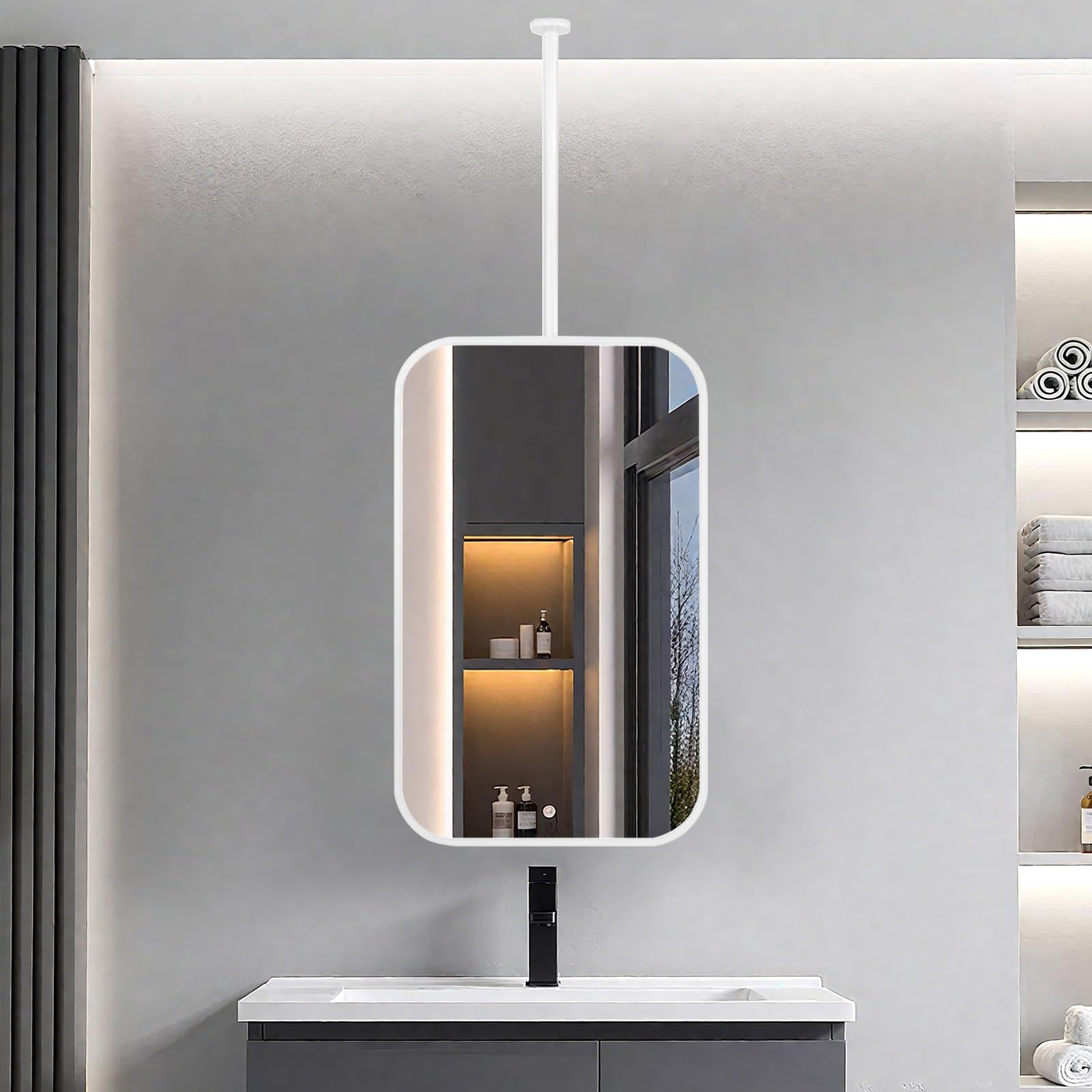 FGXHHS White Rectangle Wall Hanging Mirror with Metal Frame and Boom (Boom can be Customized), Ceiling Floating for Home Hotel Bathroom, Suspended Vanity Makeup Mirror(50cmx60cm)