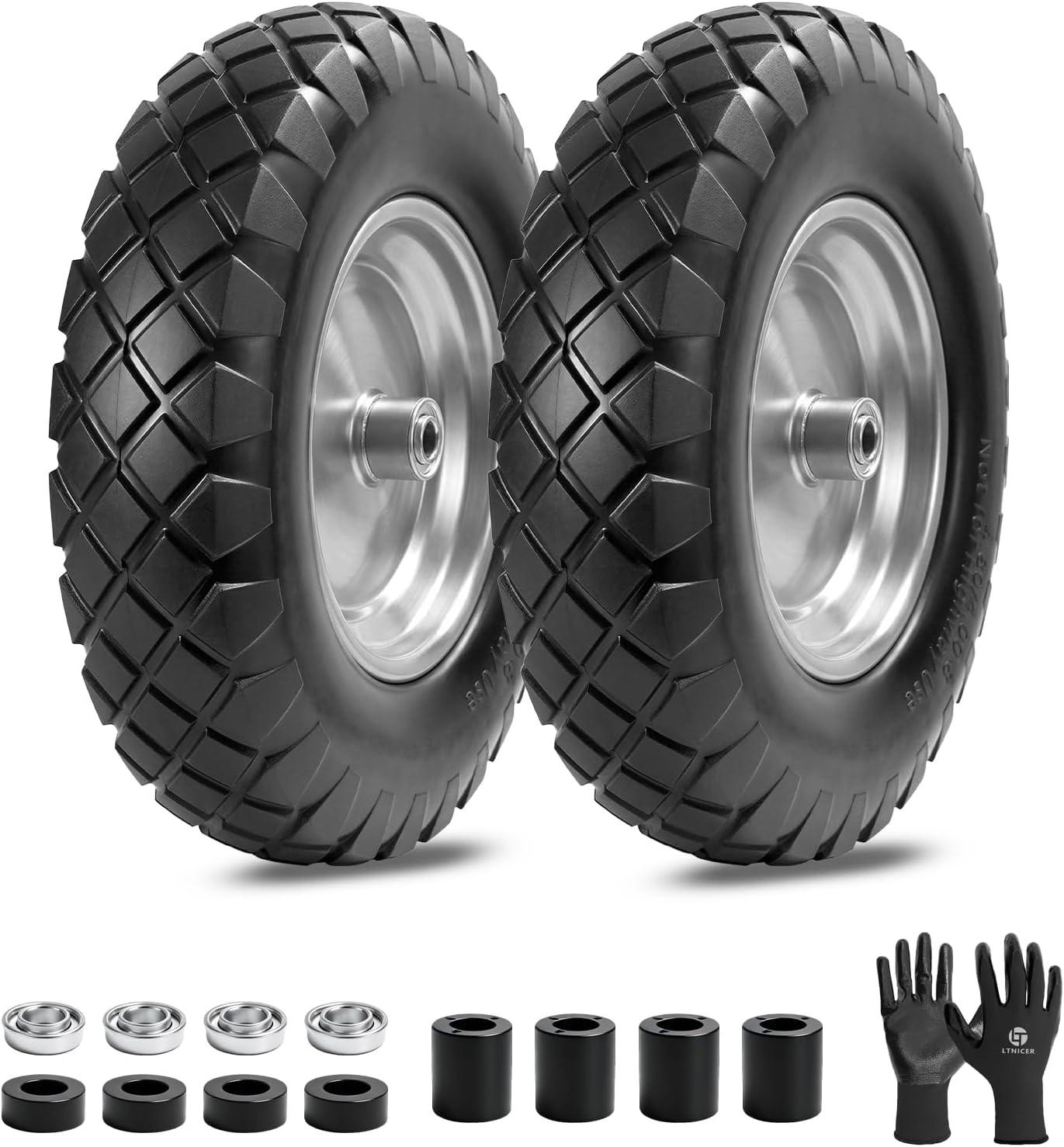 4.80/4.00-8" Flat-Free Tire and Wheel, 16" Solid Wheelbarrow Tires with 5/8" or 3/4" Bearings, 3-7" Centered Hub Universal Fit for Wheelbarrows/Garden Trailer/Wagons
