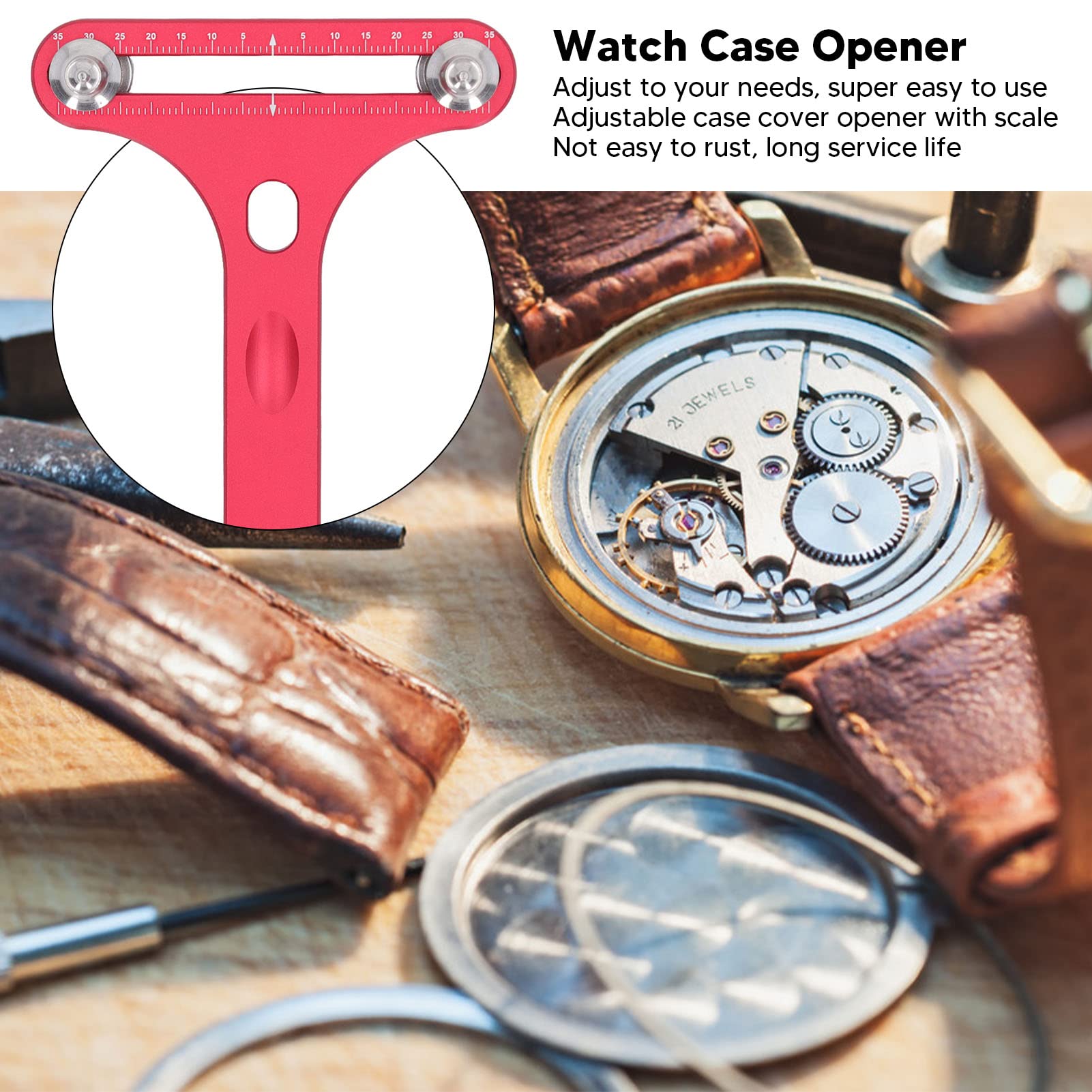 Watch Back Opener 2 Prong Watch Wrench T Shape Watch Opener Aluminum Alloy Watch Back Remover Tool for Battery Replacement Watch Repair Red