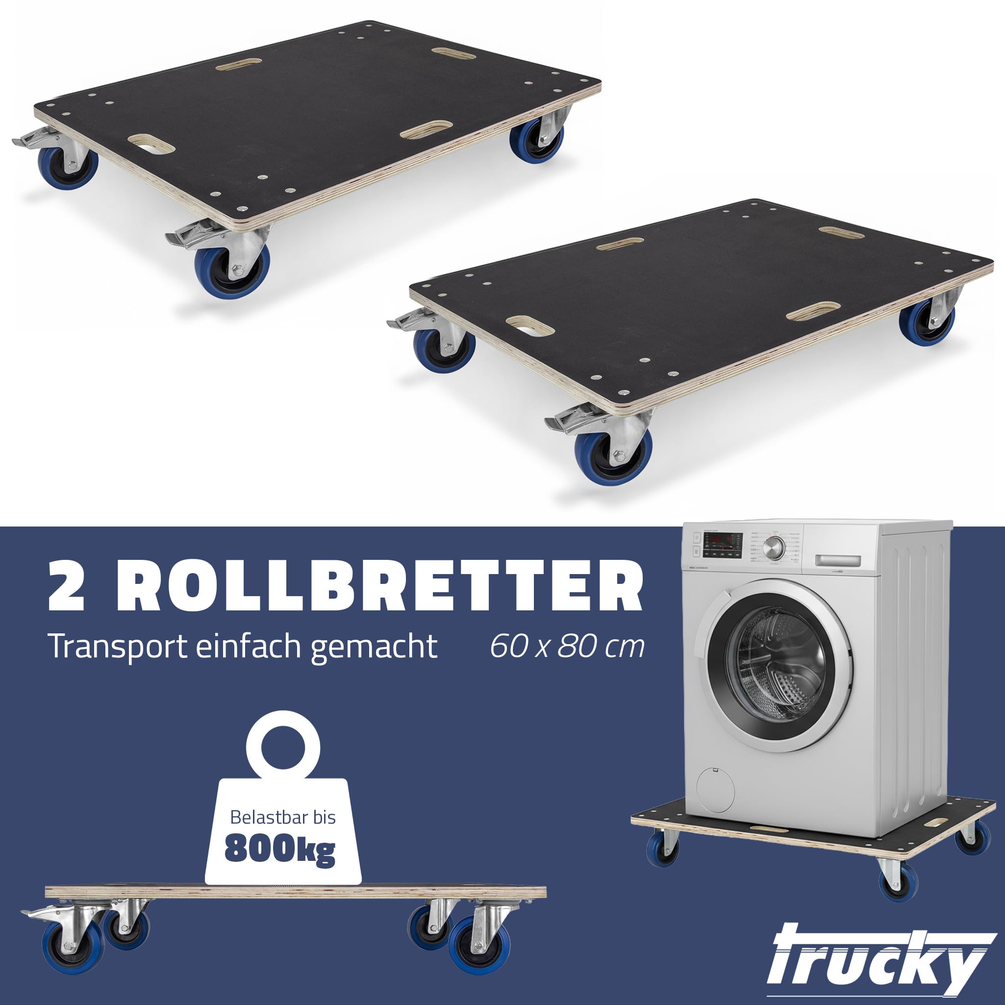 Trucky 2X Rollbrett 60 x 80 cm Transportroller 800 kg Möbelroller mit 4 Rollen und 2 Bremsen Rollwagen für Möbel Transportwagen Transport