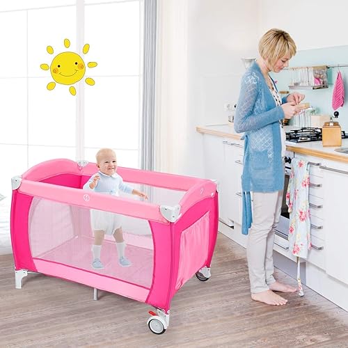 Miniatura 8 de Costzon 4 en 1 rosa Pack and Play con moisés, corralito portátil para bebé con toldo ajustable, entrada con cremallera lateral, caja de música,