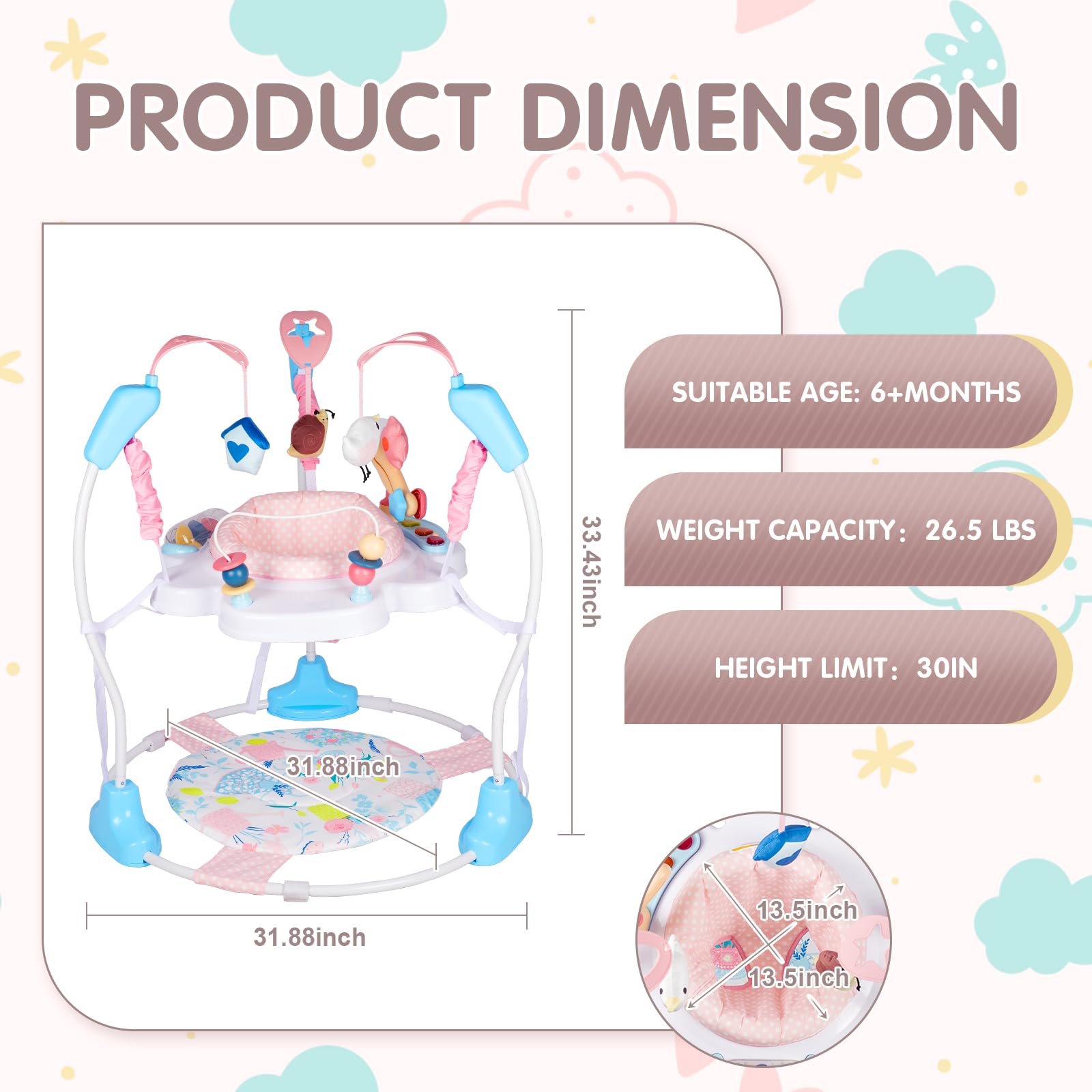 Furmubei Baby Activity Center, 3-in-1 Baby Jumper, Infant Activity Center with 360° Rotating Seat, Music, Lights, 3 Adjustable Heights, Infant Activity Jumper for 6+ Months JP2402