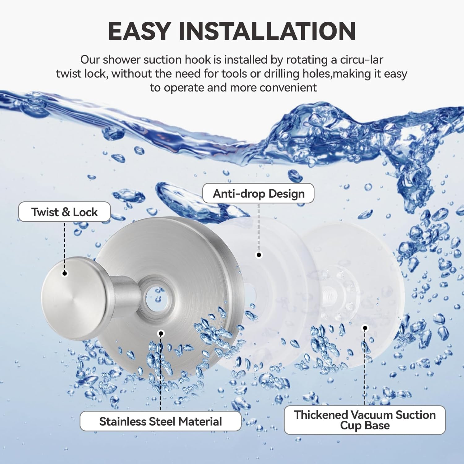 4 PCS Suction Cup Hooks for Shower, Stainless Steel No Drill Suction Towel Hooks, Reusable Sticky Silicone Suction Cup Base for Bathroom Wall, Glass, Mirror, Tile to Hang Loofahs, Robes (silvery)