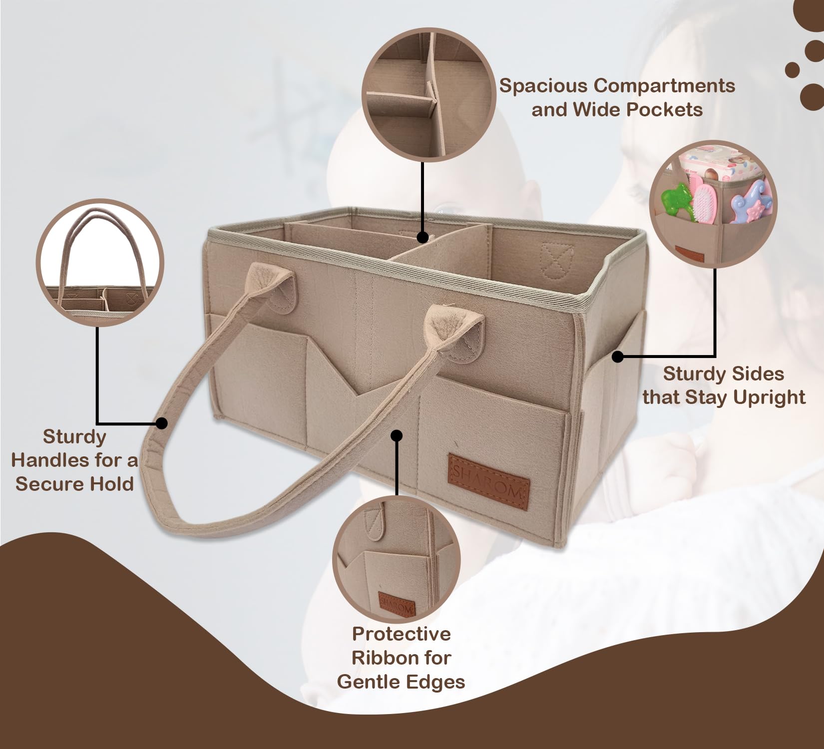 SHAROM Nappy Caddy Organiser. Sturdy & Portable Baby Diaper Cady with 3 Big Adjustable Compartments & 8 Big Pockets For Storage. Washable Diaper Caddy for Newborn Essentials,34 * 22 * 18 cm (Brown) - Image 3