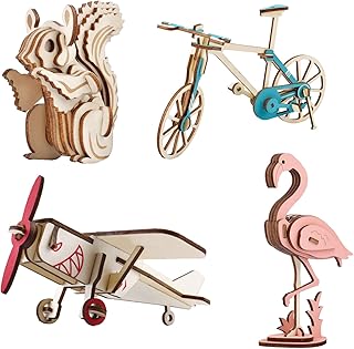 IFIYOOY 3D Small Wooden Puzzles for Kids and Adults Wood Building Kits Including Flamingo, Squirrel, Bicycle and Plane | E...
