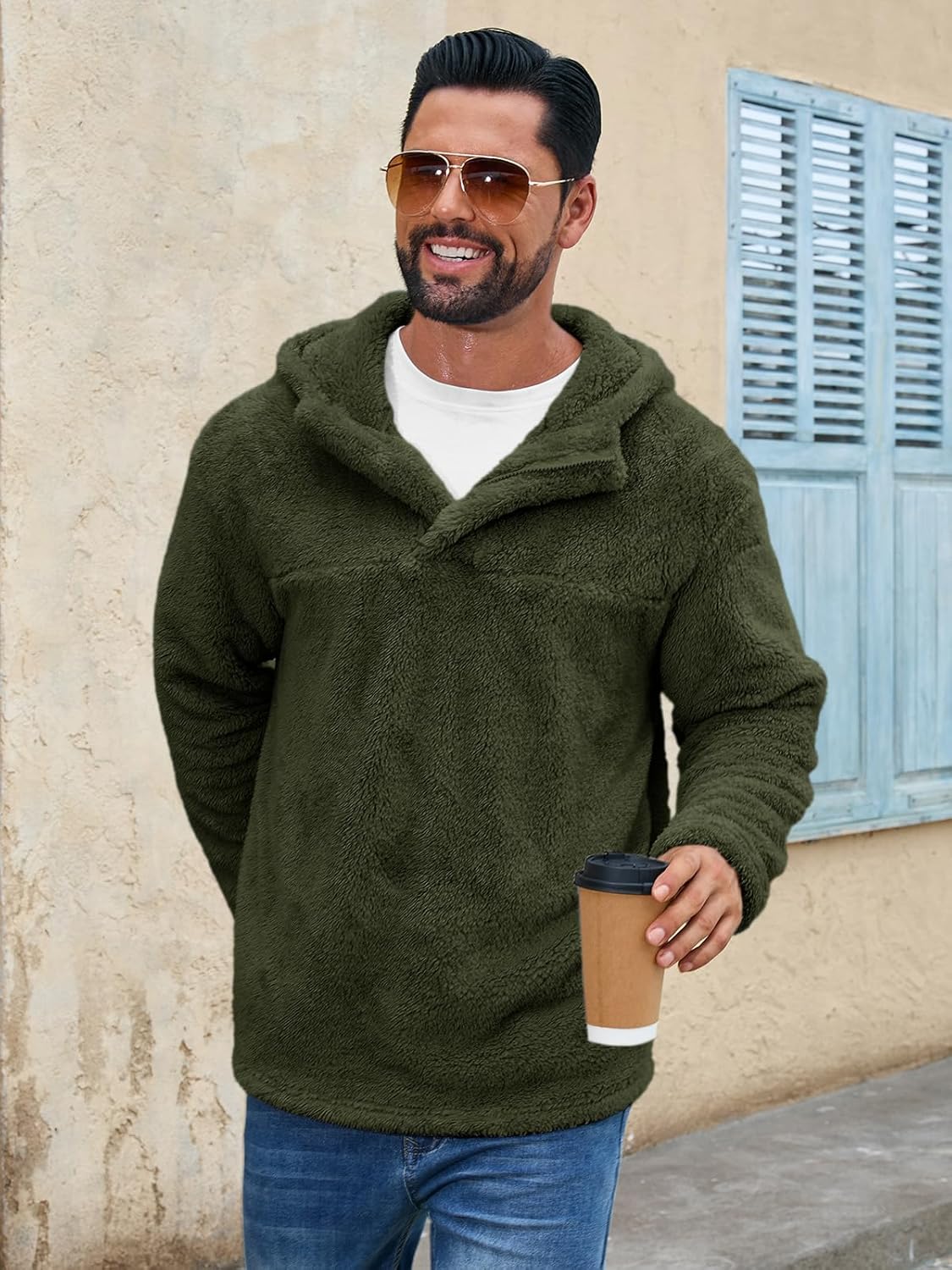 Runcati Mens Fuzzy Sherpa Hoodies Pullover Quarter Zip Long Sleeve Sweatshirts Fall Winter Outwear Casual Fleece Hooded - Image 2