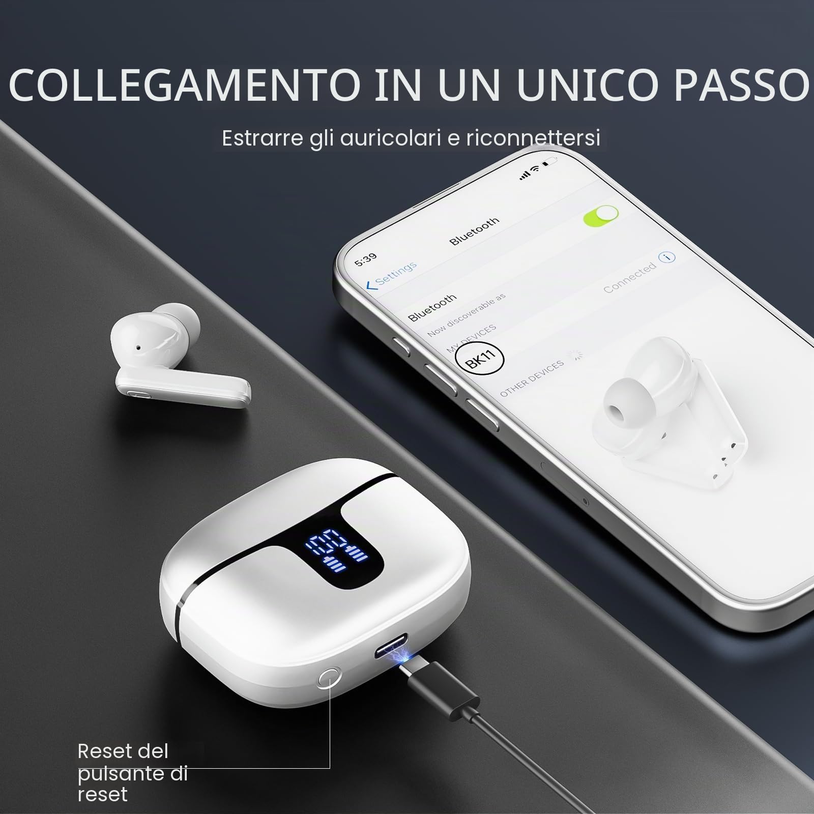 Cuffie Bluetooth, Auricolari Bluetooth 5.3 Stereo HiFi con 4 ENC HD Mic Cancellazione Rumore, Cuffie Wireless Bluetooth 40H LED Display Cuffiette in Ear IP7 Impermeabil, Cuffie Senza Fili USB-C Bianco