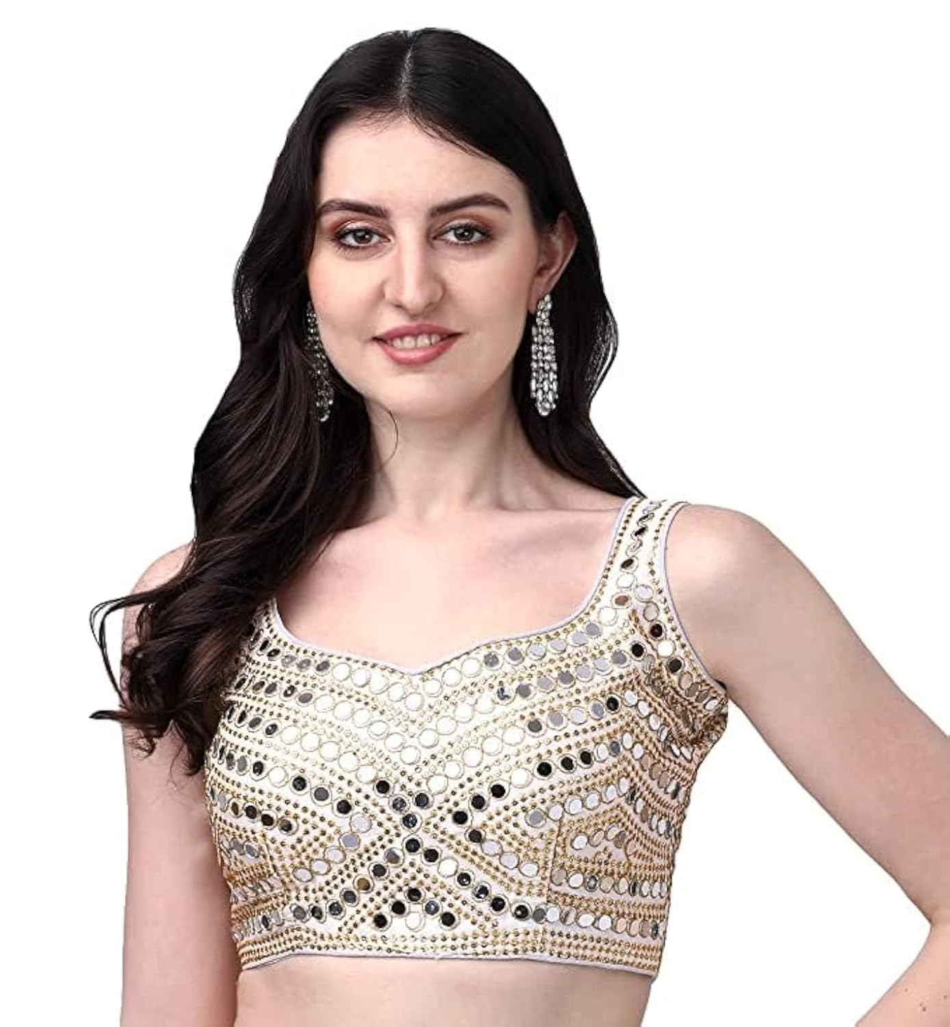 Pujia Mills Women's Multicolor Heavy Phantom Silk Thread Zari And Sequence Work And Real Mirror Hand Work Readymade Saree Blouse (Sleeves Attached Inside) (Kanchi Blouse_White_38 Size+ Margin)