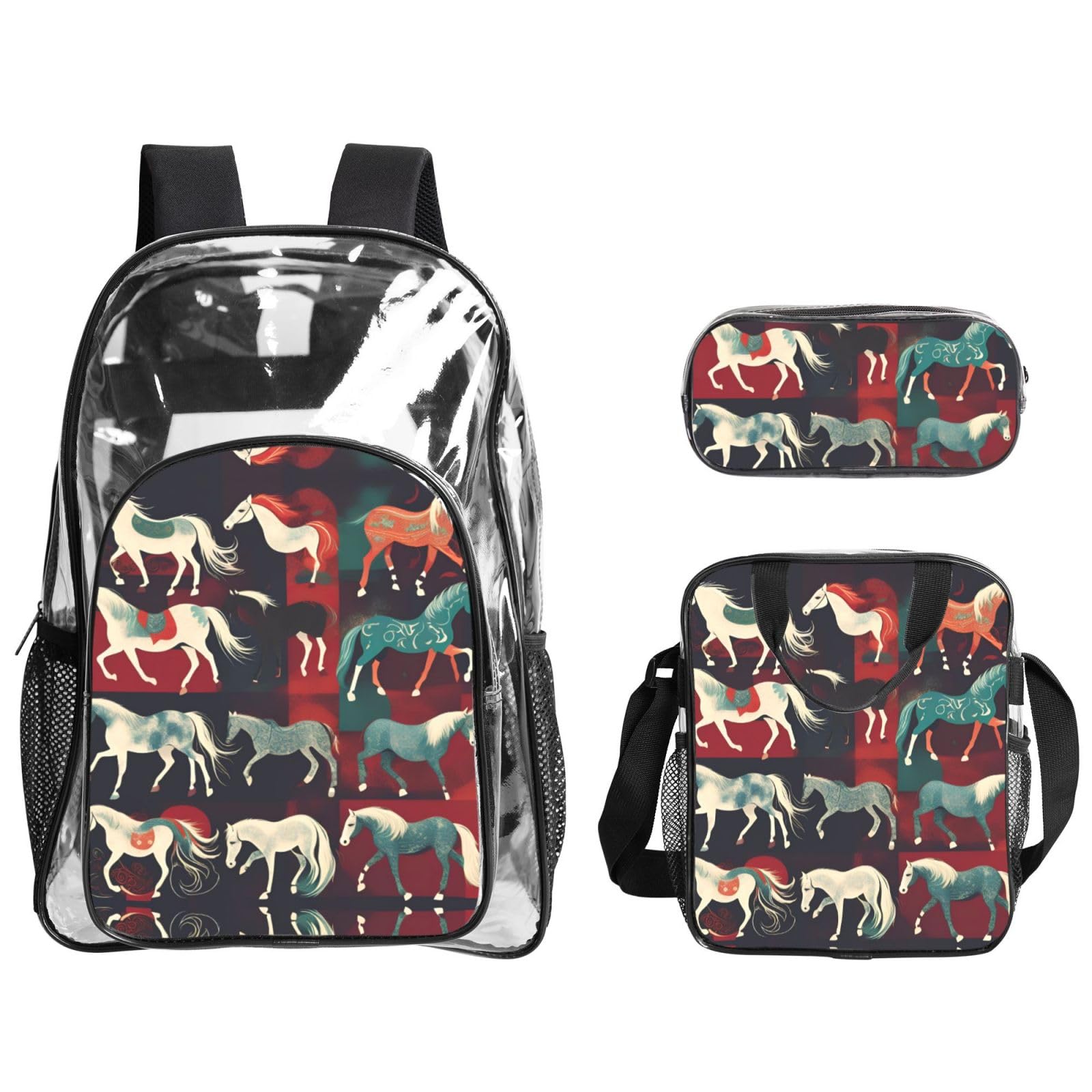 Juego de mochila estampada de varios tipos de caballos 3 en 1, juego de bolsa transparente para la escuela, trabajo, eventos en estadio y transporte diario