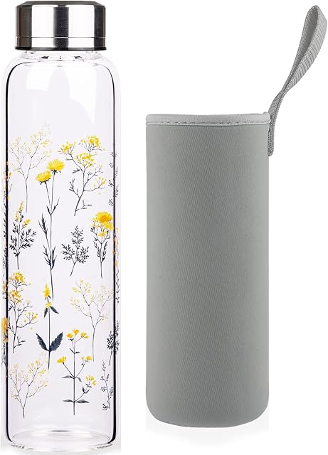 Reeho Borosilicate Glass Water Bottle, Glass Drinking Bottle with Neoprene Sleeve and Leakproof Stainless Steel Lid 500 ml / 1000 ml / 1 Litre (500ml, Blooming Branches)