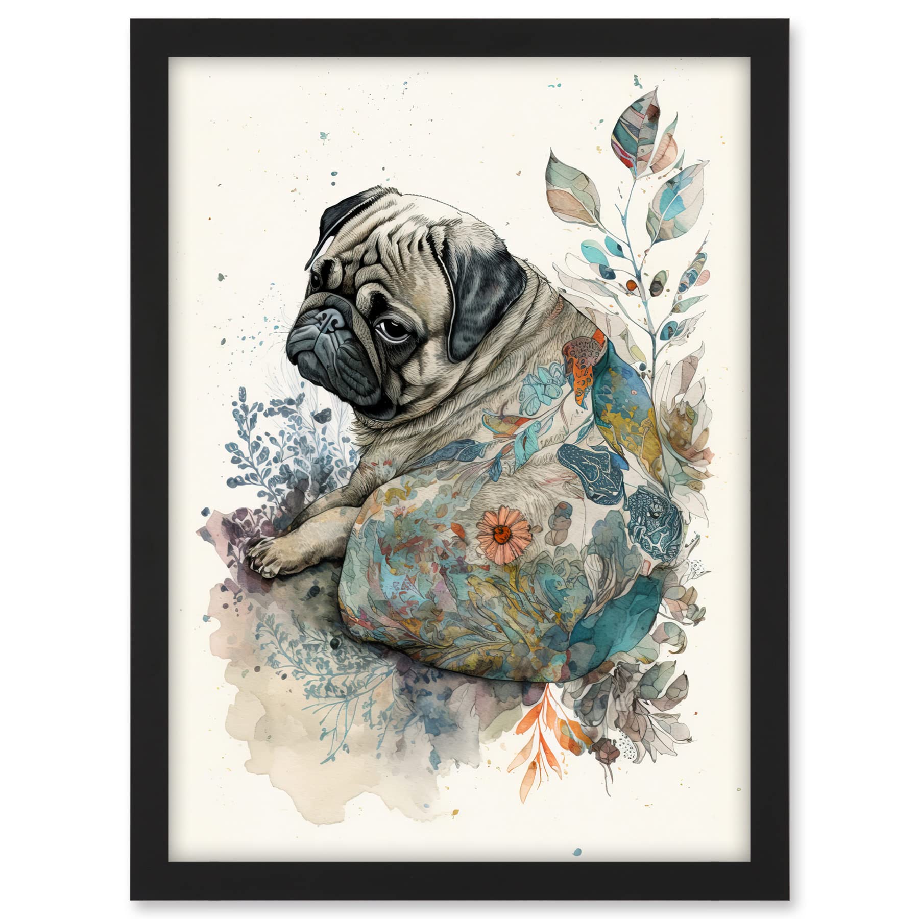 Artery8 Pug Dog with Floral Pattern Modern Multicoloured Watercolour Illustration Artwork Framed A3 Wall Art Print