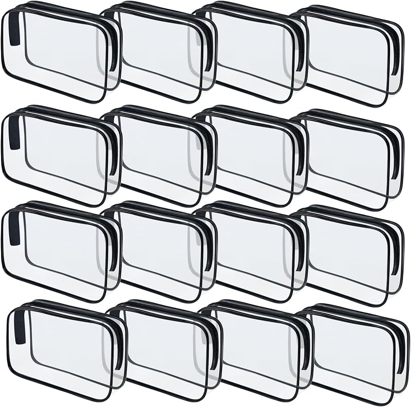 Necessaires transparentes YedsIntu de PVC com zíper, pretas, tamanho M, pacote com 16