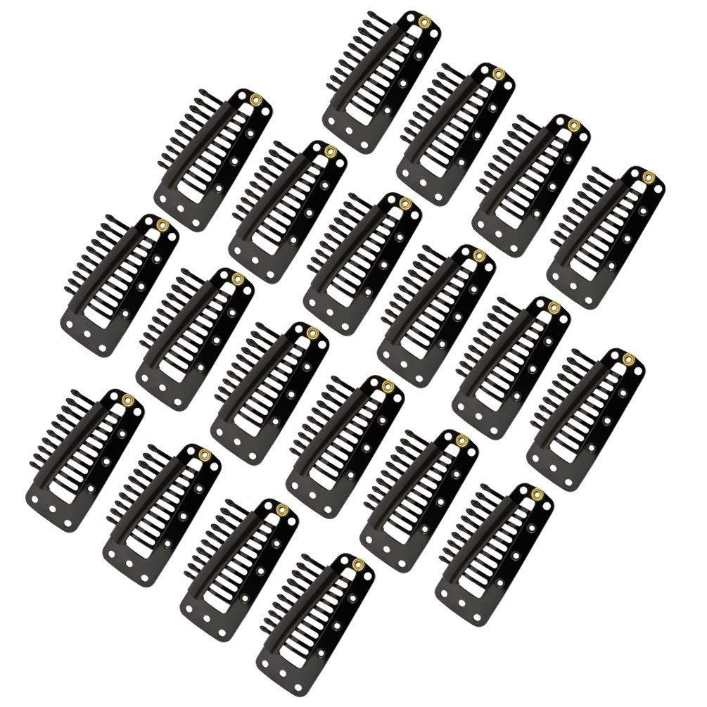Jmkcoz 20pcs Snap-Comb Wig Clips with Rubber for Hair Extension Hairpiece DIY Clip in Hair Extensions 10-Teeth Wigs Weft Black Color