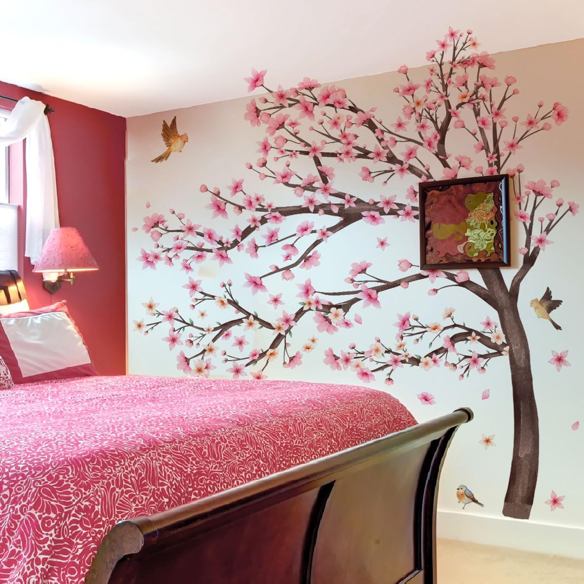 Pink Cherry Blossom Tree Wall Stickers -Large Branch Flower Bird Peel & Stick Removable Wall Decal for Sofa Bedroom Living Room Wall Decor,109 cm x 171 cm