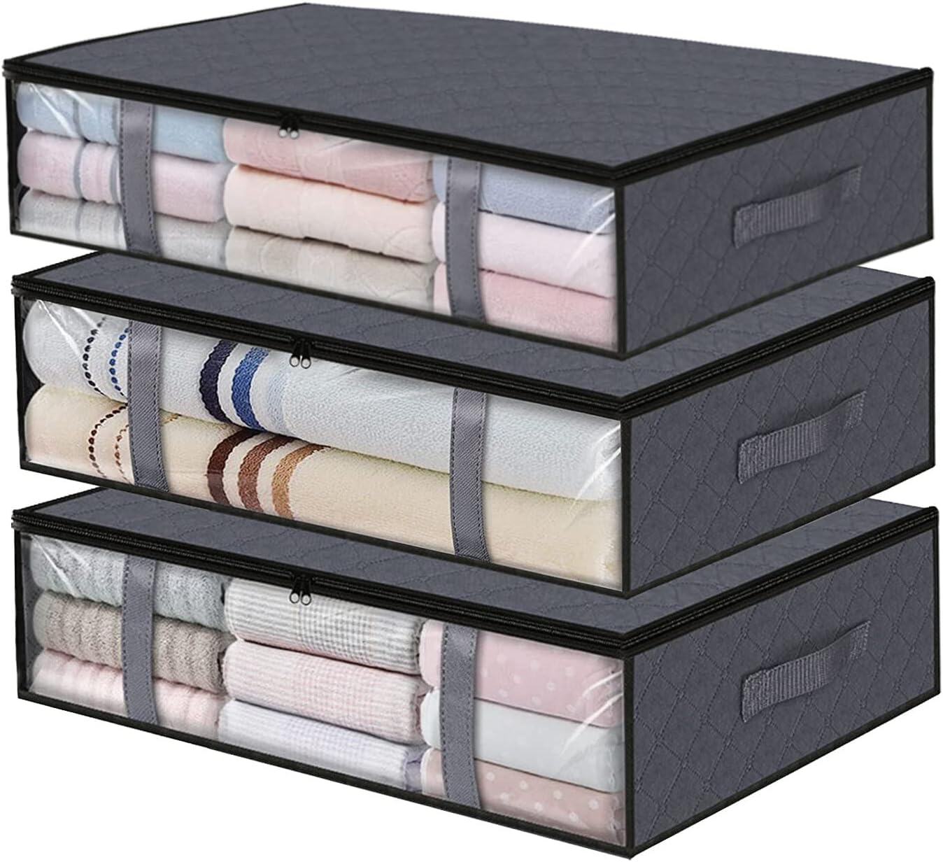 UPhitnis 3 Stück Unterbett Aufbewahrungsbox - Unterbettkommode mit Sichtfenster & Reißverschluss & Griffen - Faltbare Bettkasten Aufbewahrungstasche für Bettdecken/Kleidung/Bettzeug/Decken 60x45x15cm