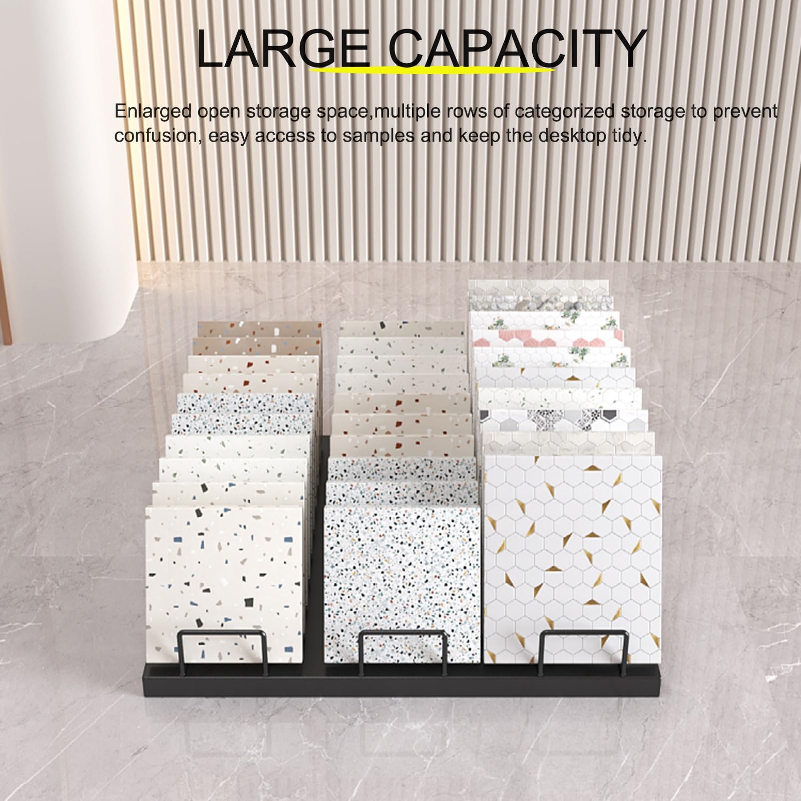 Expositor de muestras de Azulejos Dorado de Gran Capacidad. Estante Organizador con Ranuras para Plantillas de Vidrio y muestras de Suelo a Granel, Ideal para Salas de exposiciones (50 cm).