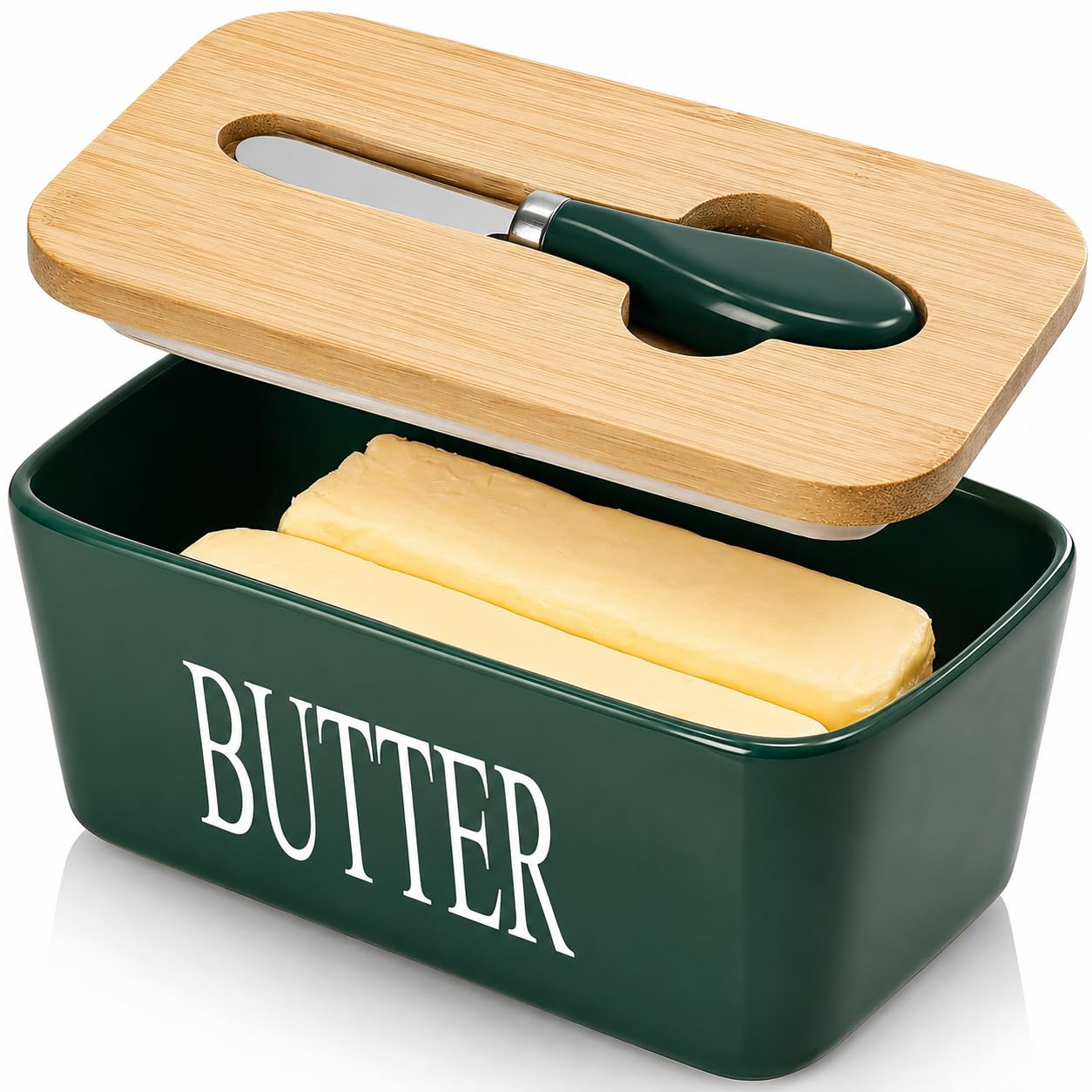 Ceramic Butter Dish with Wooden Large Butter Box Container Keeper Storage with Stainless Steel Butter Knife Spreader, Multi (Dark Green Butter Box with Knife)