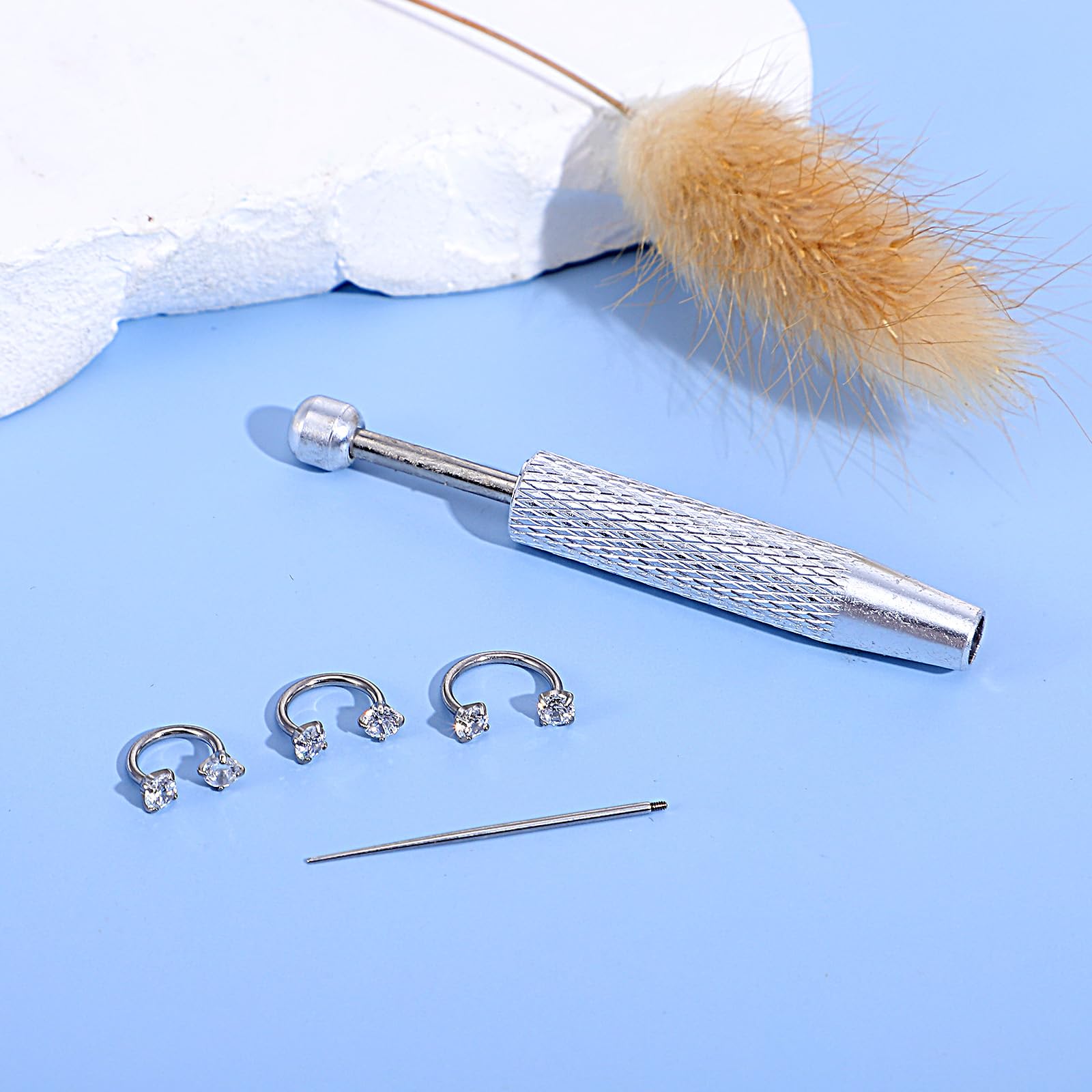 18 g kolczyk do nosa w kształcie podkowy, zestaw kolczyków do nosa, septum, 6 mm/7 mm/8 mm, tytanowy kolczyk do nosa, srebrny, z narzędziem chwytającym i igłą do piercingu z tyłu, helix