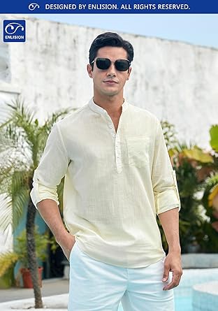 Enlision 103H Men's Long Sleeve Linen Henley Shirt Quick-Drying Stylish Casual Shirt for Daily Wear Summer Vacation