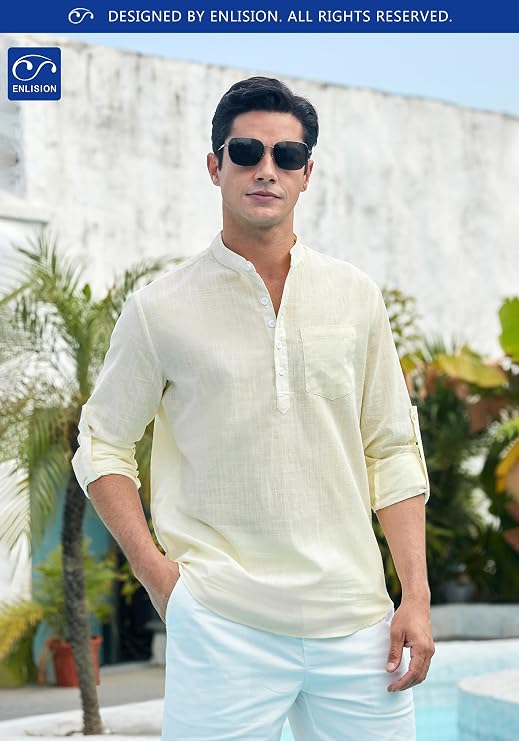 Enlision 103H Men's Long Sleeve Linen Henley Shirt Quick-Drying Stylish Casual Shirt for Daily Wear Summer Vacation