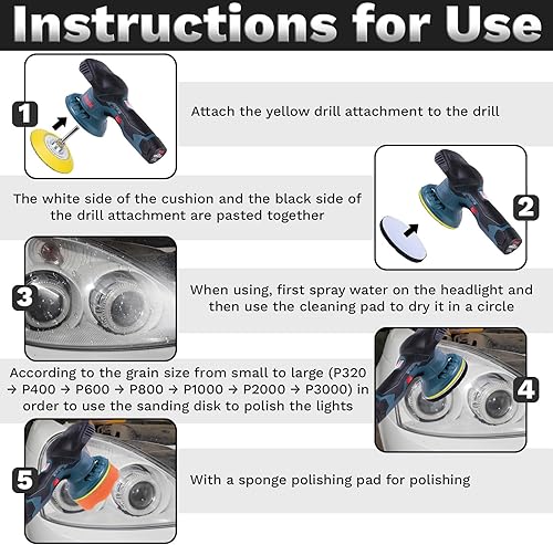 Miniatura 5 de 38 piezas kit de restauración de faros delanteros de coche, kit de pulido de faros de 7.6 cm, kit de limpieza de faros con disco de lija,