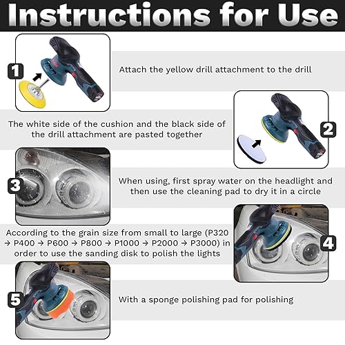 Miniatura 5 de Kit de restauración de faros delanteros de automóvil, kit de pulido de faros de 3 pulgadas, kit de limpieza de faros con disco de lijado,