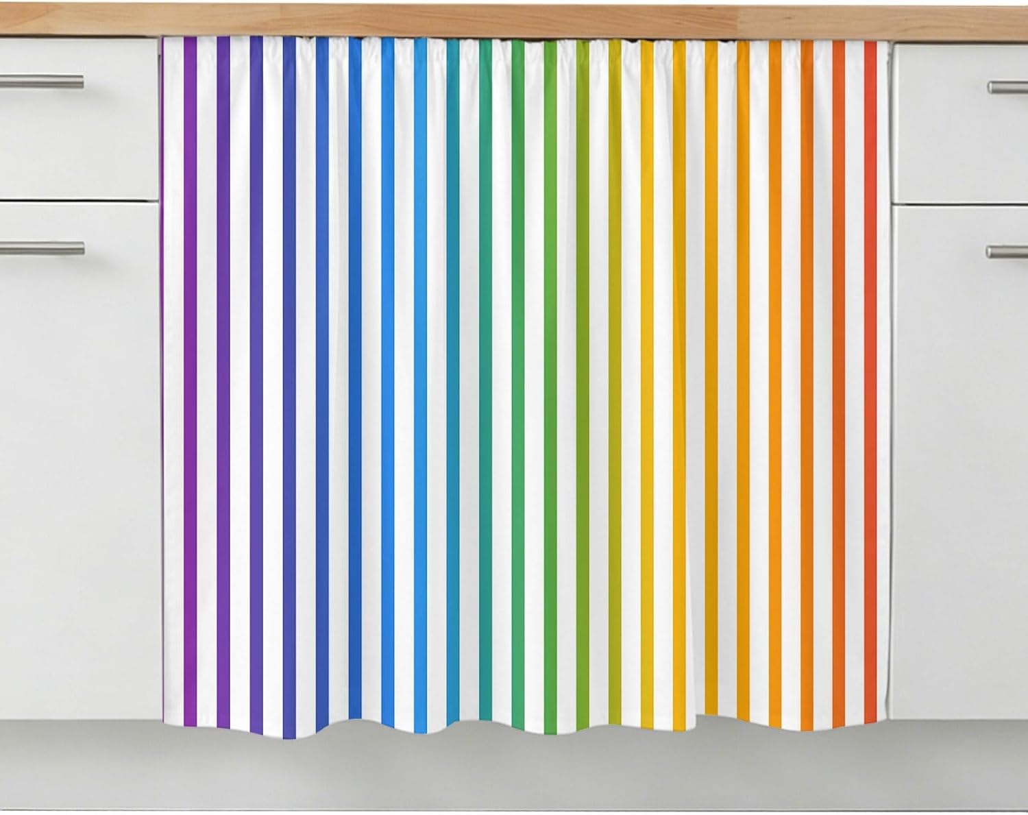 Cabinet Curtains 28" W x 35" L, Thin Rainbow Striped Sink Skirt for Bathroom Kitchen Self Adhesive, Farmhouse Modern Stripes Desk Privacy Short Curtain for Vanity Laundry Room Shelf