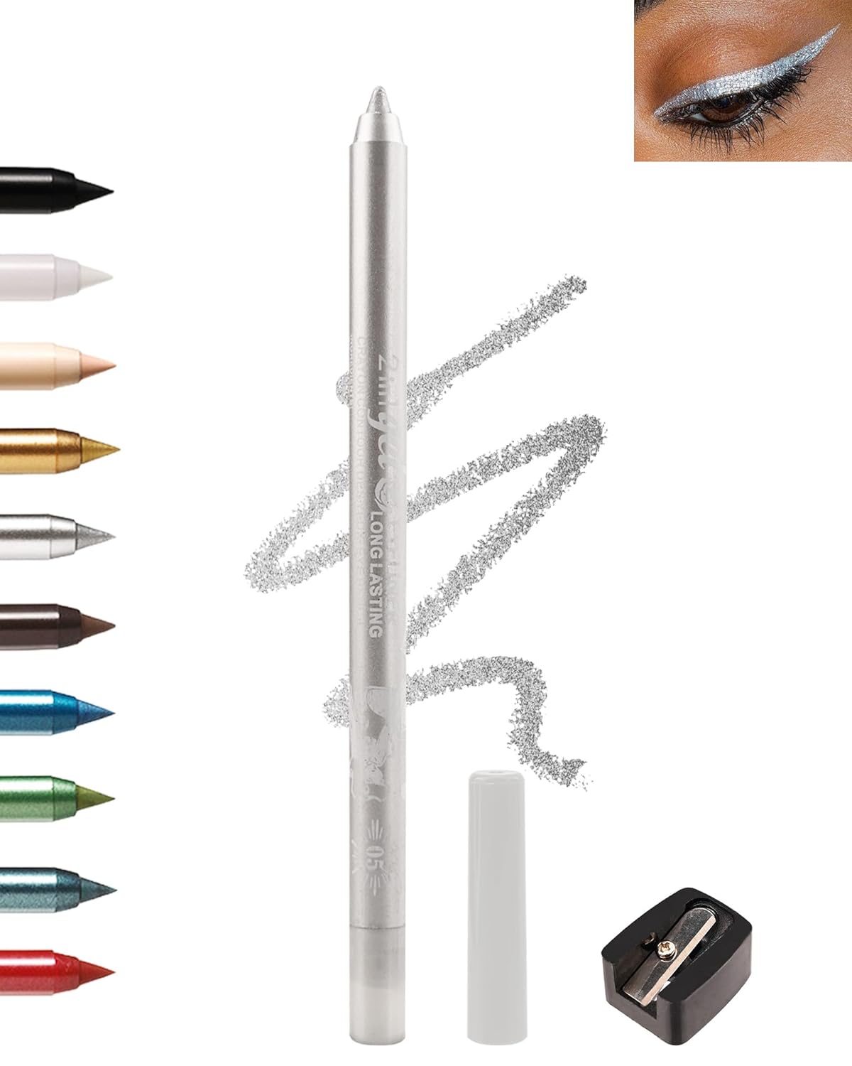 Silver Glitter Eyeliner Pencil Gel, Sharpenable Multi-Use Longwear Colorful Eye Liner, Waterproof Smudge Resistant, Cruelty Free Eye Brightener Pencil Makeup Pen with Sharpener, Delineador De Ojos-05 Silver Glitter Eyeliner Pencil Gel, Sharpenable Multi-Use Longwear Colorful Eye Liner, Waterproof Smudge Resistant, Cruelty Free Eye Brightener Pencil Makeup Pen with Sharpener, Delineador De Ojos-05