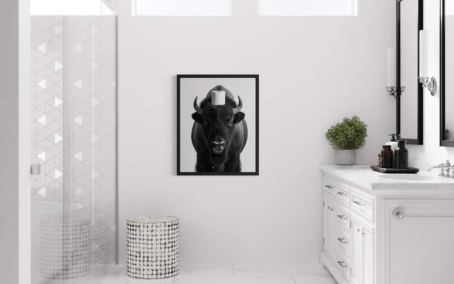 Bison and Toilet Paper Poster Framed Art Print, Animal Funny Humor Restroom Painting Wildlife Bathroom Bath Shower Wall Art Decor Nature A7 (Bison and Toilet Paper, 24" L x 18" W, Black Frame)