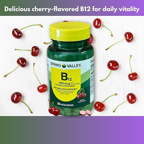Miniatura 2 de B12 sublingual, apoya el metabolismo energético y la salud del sistema nervioso, Spring Valley 500 mg sabor cereza 200 ct, set con estuche Fusion