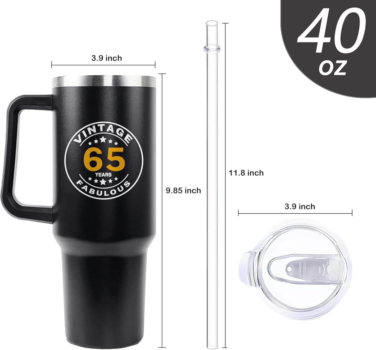 65th Birthday Gifts for Him Her - Birthday Tumbler for Women Men Dad Mom - 40 OZ Stainless Steel Cup Travel Mug Water Bottle with Handle and Straw - The Best Birthday Gift Ideas - Image 2