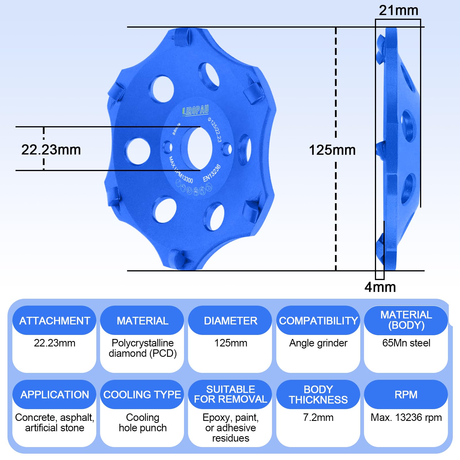 LIROPAU PKD PCD diamentowa tarcza szlifierska 125 mm, szlifierka kątowa, do szlifierki kątowej, 6 ostrzy PKD