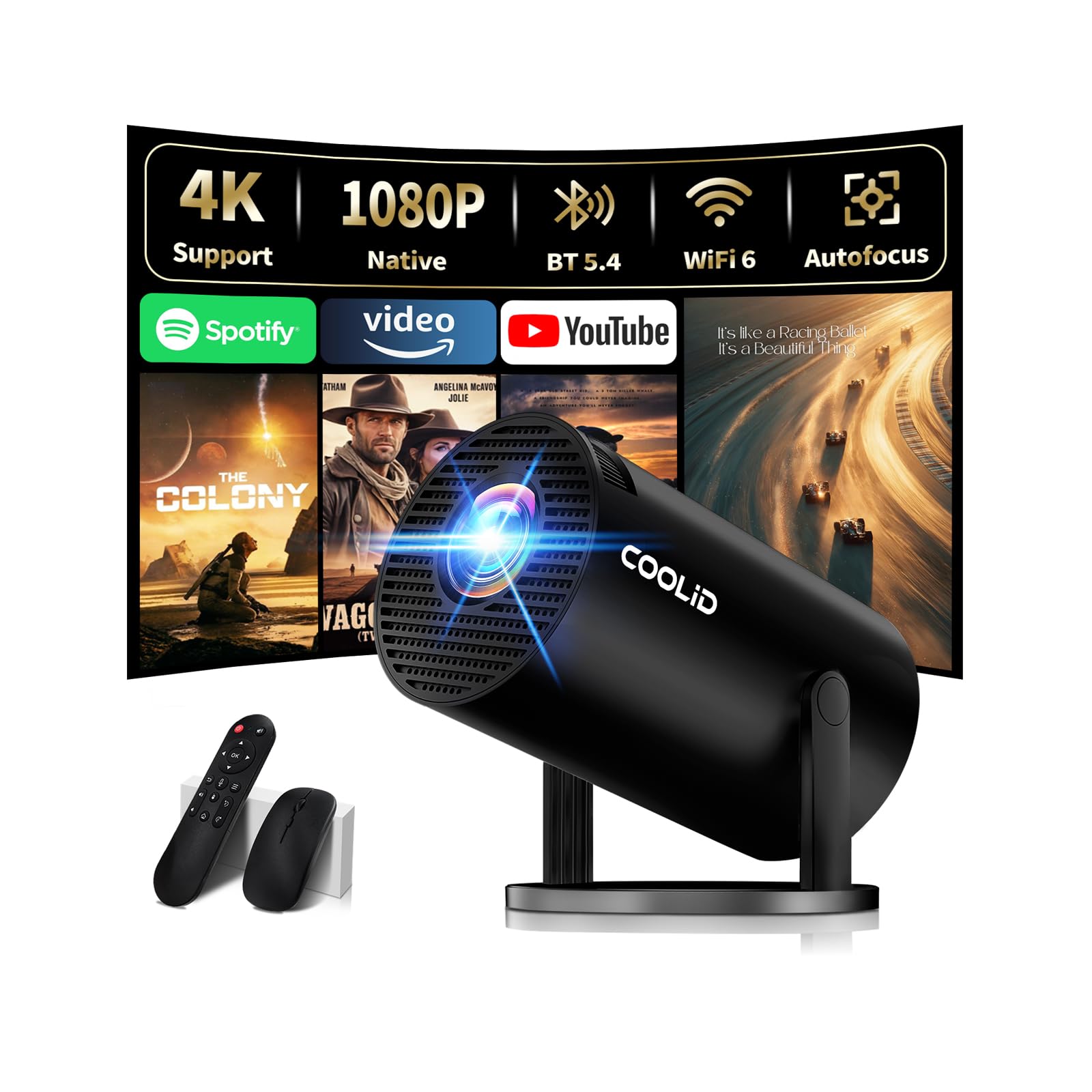 [Built-in Apps & 2026 Upgraded] Mini Projector Support 4K 1080P Auto Keystone 180° Rotatable with WiFi 6 and Bluetooth 5.4, Projector Portable Compatibile with HDMI/TV Stick/Memory Stick/Laptop-Black