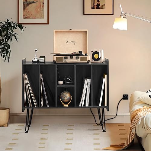 Miniatura 31 de Soporte grande para tocadiscos con almacenamiento de vinilo, mesa de tocadiscos retro marrón con alimentación y puerto USB, capacidad para hasta 200