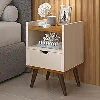 Mesa De Cabeceira Alice Modelo Retrô Com 1 Gaveta e Nicho Off White/Freijó