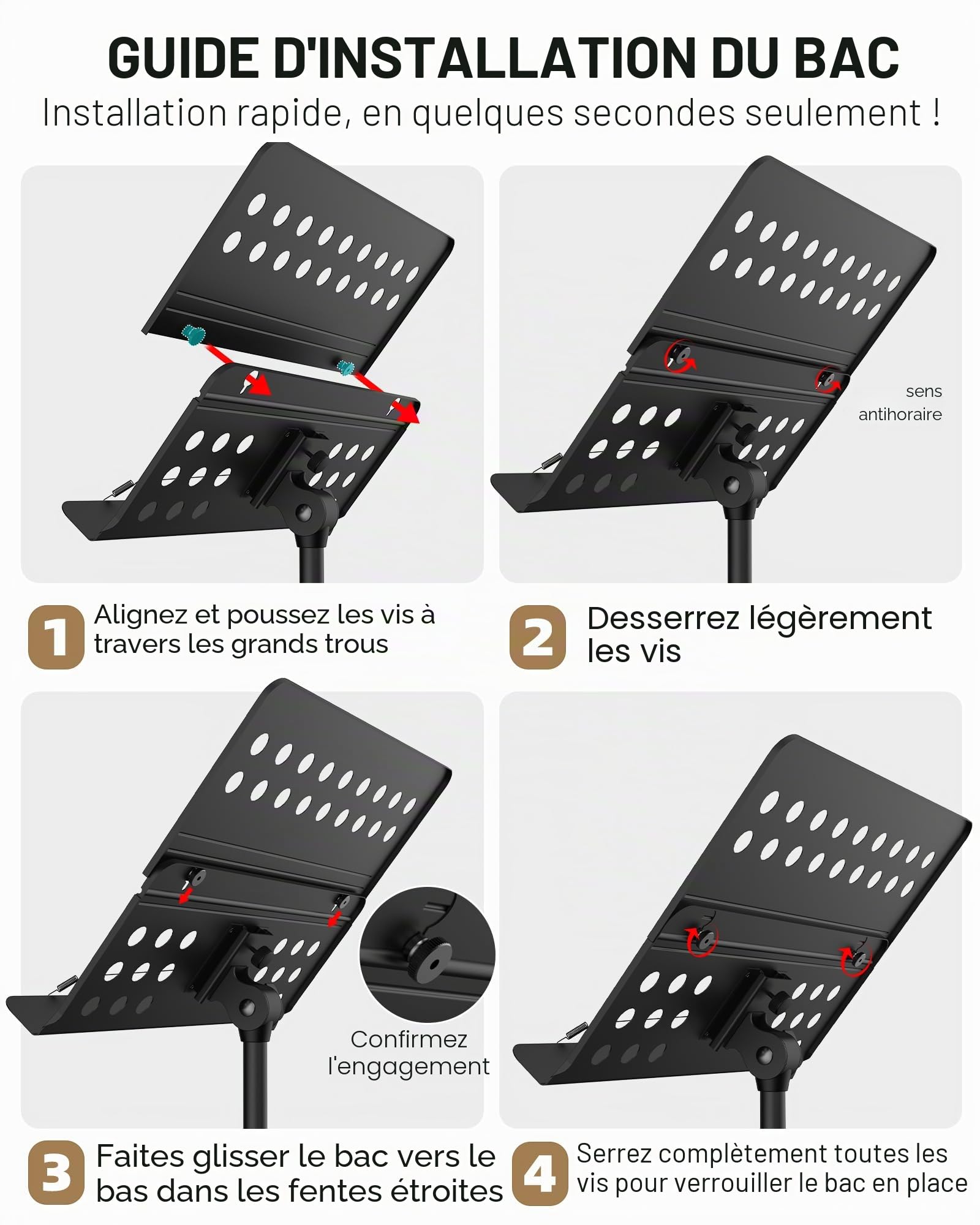 Vekkia Support de partitions perforé, portable, pliable, réglable, super stable, adapté pour les spectacles d'instruments, les bandes et les voyages