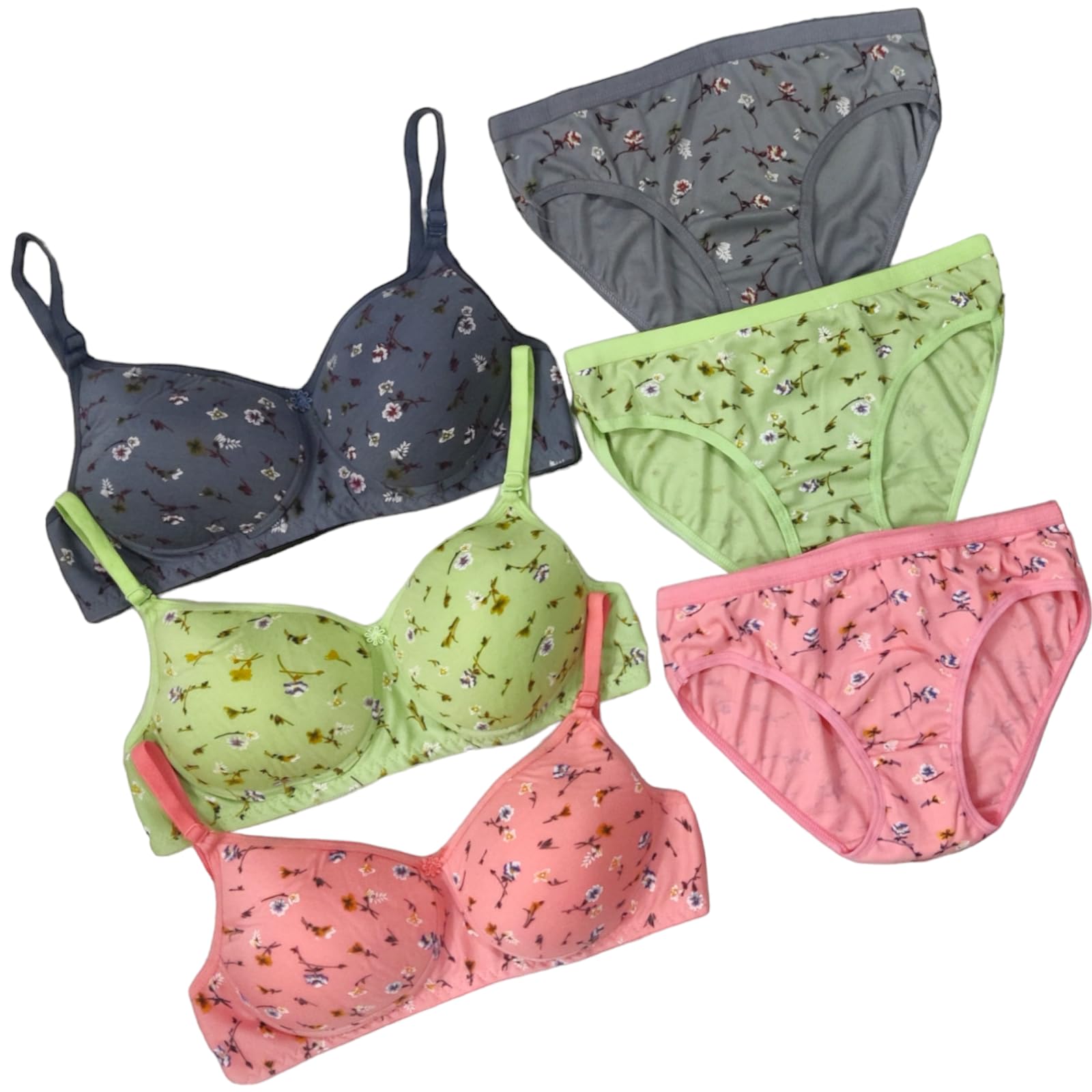piylu Women's Cotton Blend Lighty Padded Lingerie Set Non Wired Printed Bra Panty Set Pack of 3-picture-56