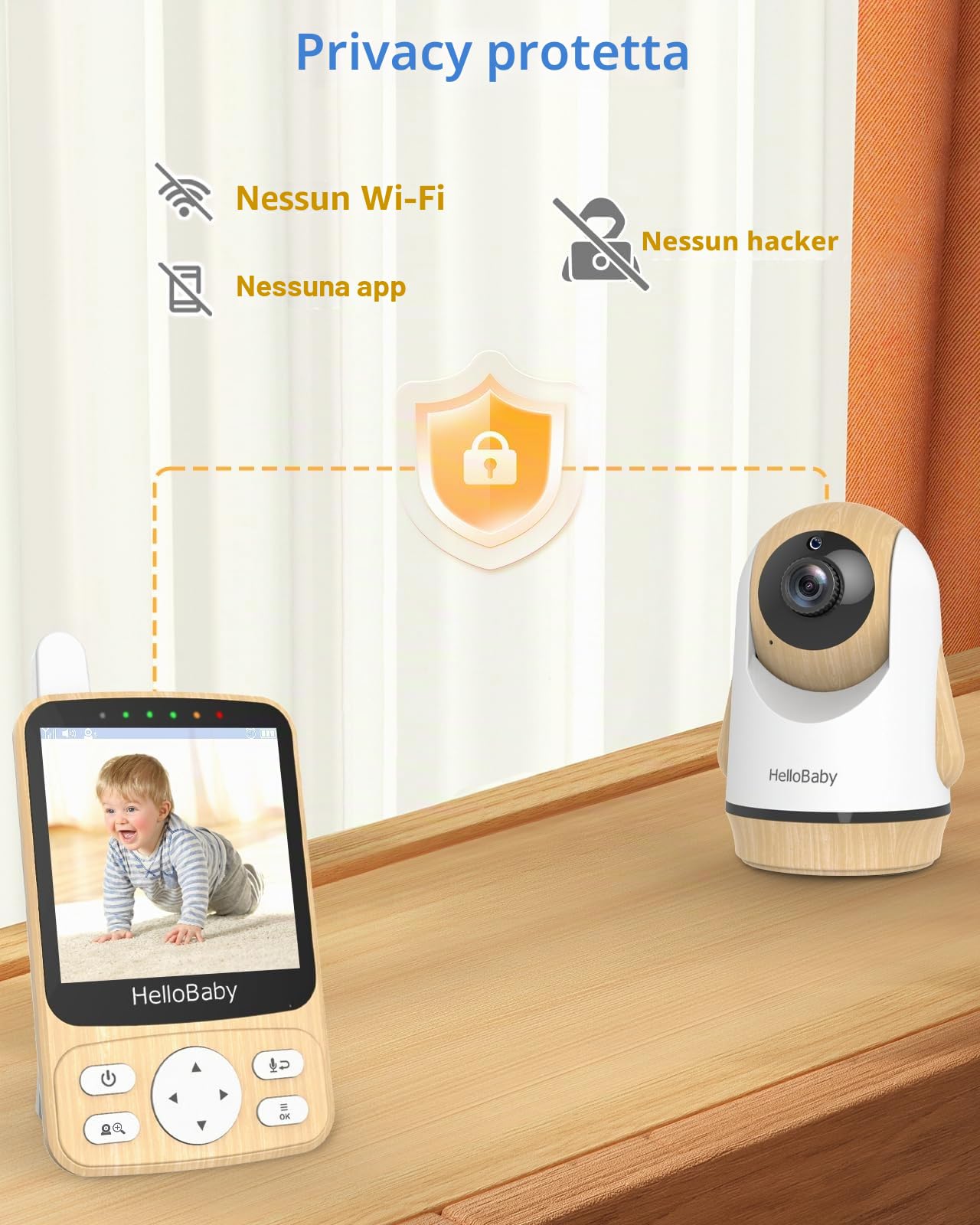 HelloBaby Babymonitor digitale con fotocamera senza WiFi, monitoraggio della temperatura e portata di 300 m, batteria da 26 ore, visione notturna a infrarossi, funzione vocale bidirezionale e modalità
