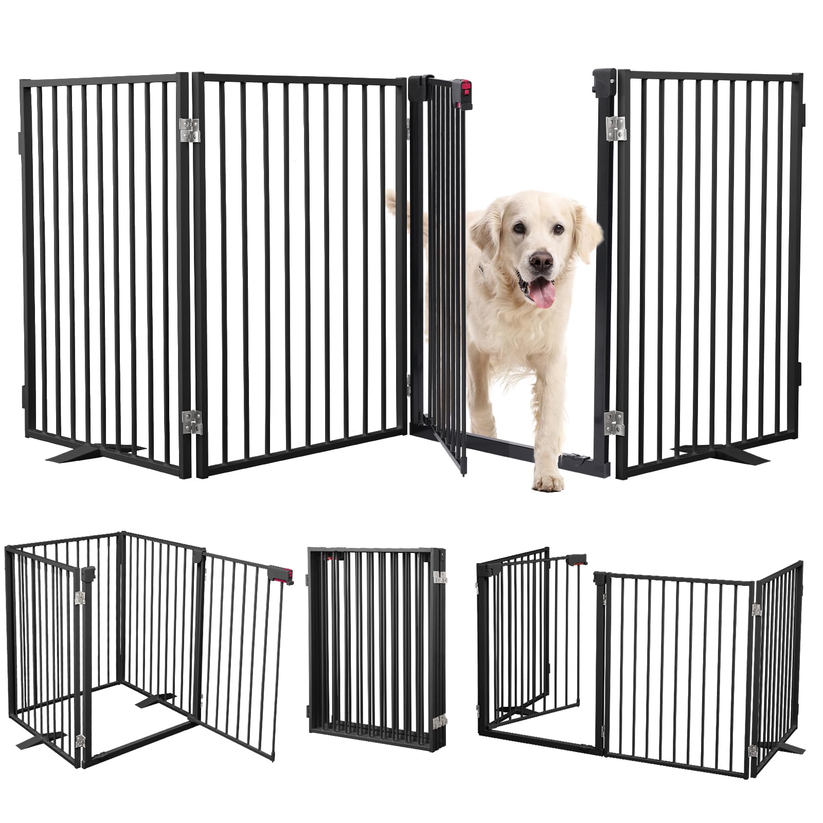 Metal Freestanding Dog Gates with Door,Extra Wide 24", 32" Height Foldable Dog Fence for Indoor & Outdoor, Heavy Duty Freestanding Pet Barrier for