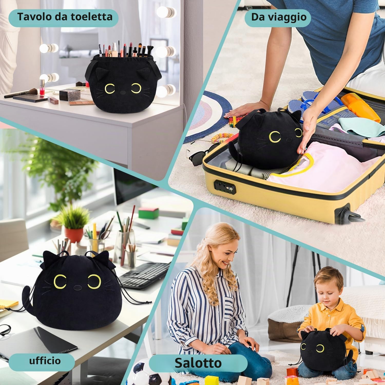 Porta Trucchi Donna Ragazza Bambina, Regali Divertenti Pochette Trousse Trucchi, Beauty Case da Viaggio, Gatto Gadget Utili Originali, Idee Regalo Compleanno Natale per Donna Mamma - Nero