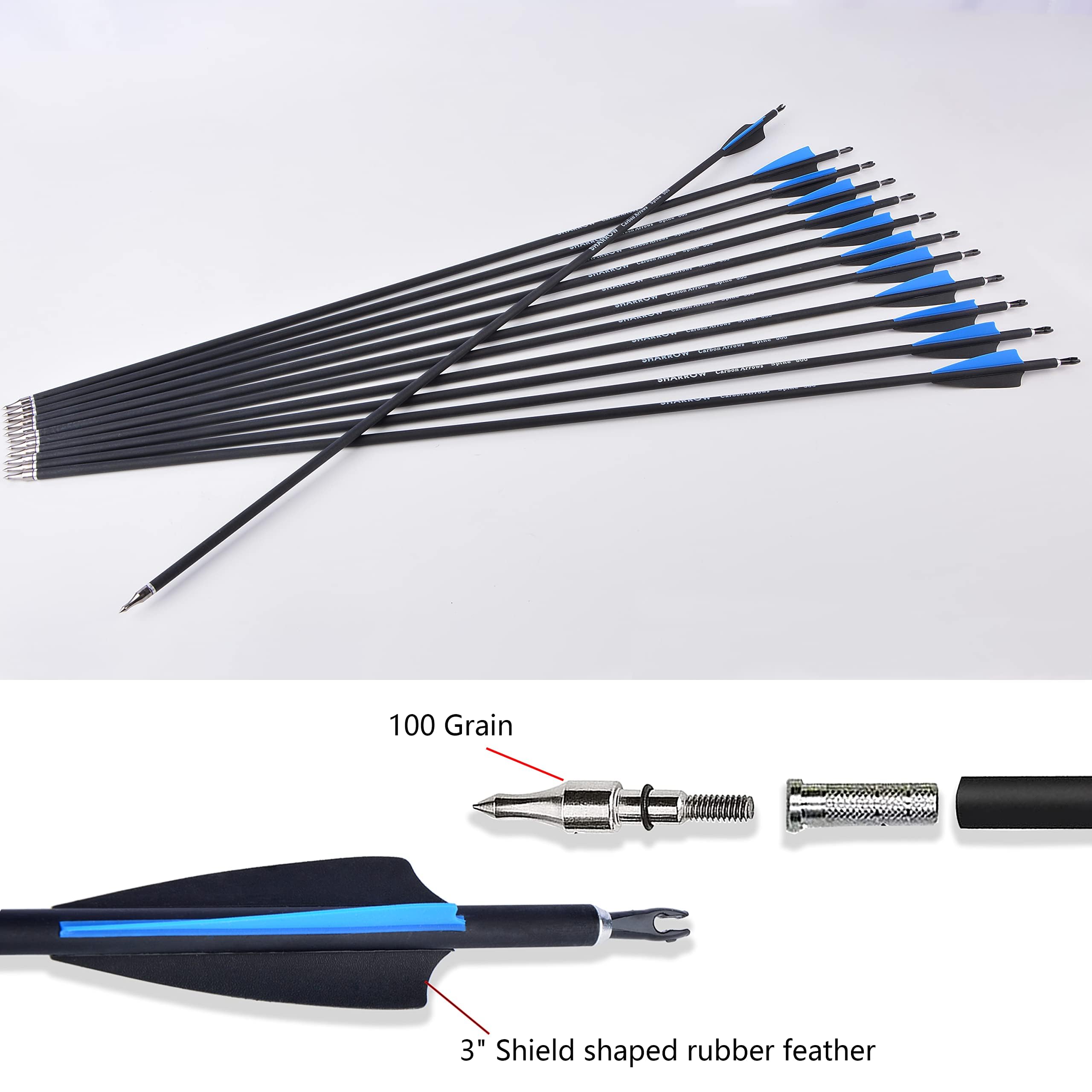 12 Piezas Flechas de Fibra de Carbono 30 Pulgadas Caza Objetivo de Práctica Fiechas Spine 500 para Arco Recurvo Arco Compuesto Arco Largo