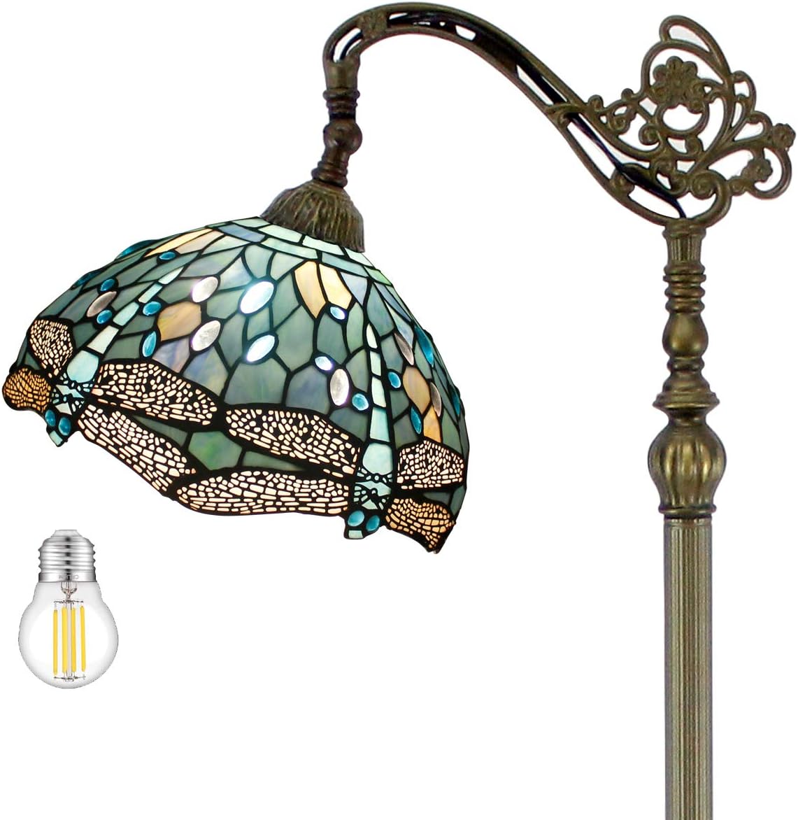 WERFACTORY Tiffany Style Reading Floor Lamp Sea Blue Stained Glass with Crystal Bead Dragonfly Lampshade in 64 Inch Tall Antique Arched Base for Bedroom Living Room Lighting S147 (6W Bulb)