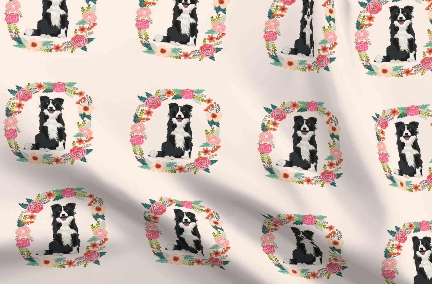 Spoonflower Fabric - Inch Border Collie Black White Wreath Florals Dog Floral Dogs Collies Printed on Minky Fabric by The Yard - Sewing Baby Blankets Quilt Backing Plush