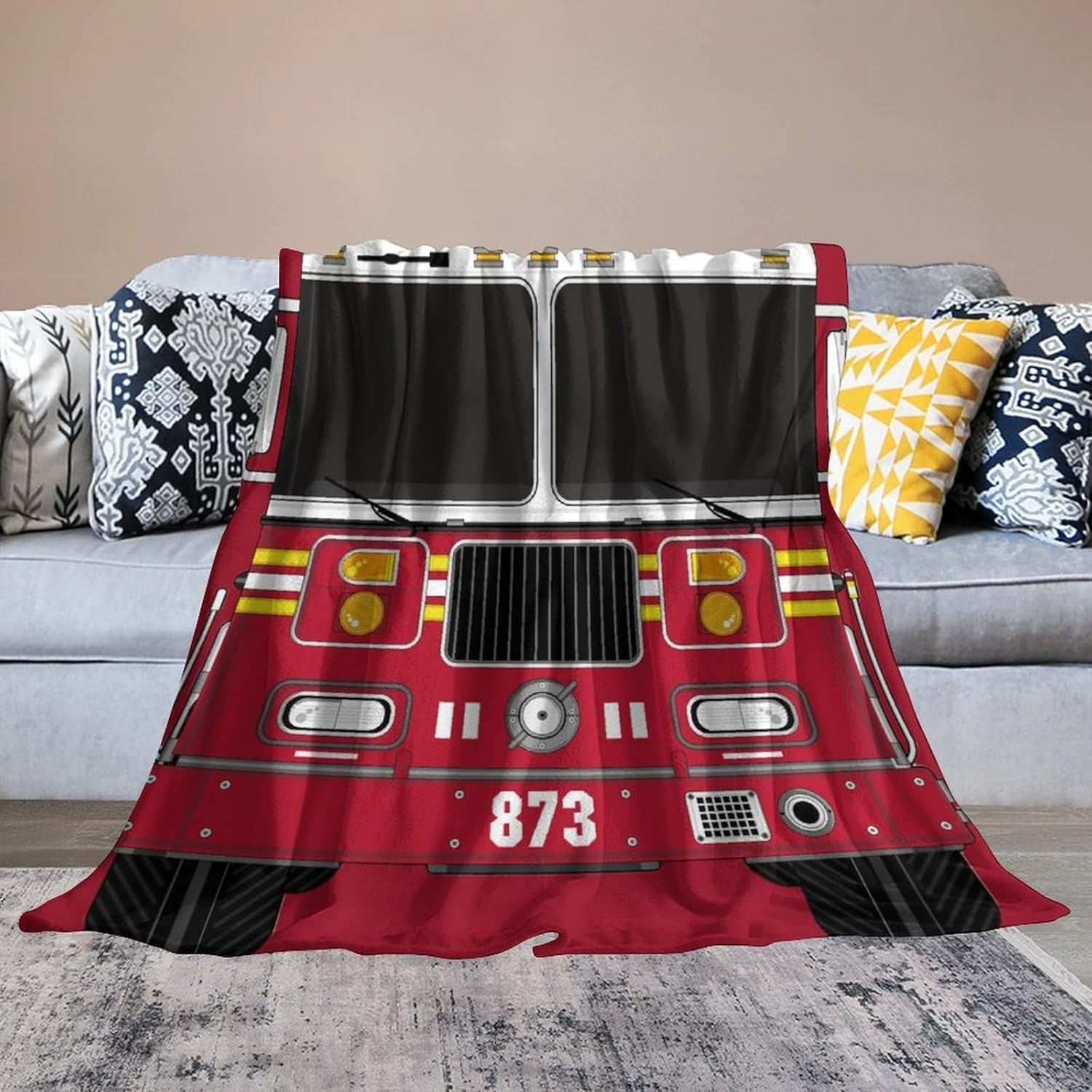 Fire Truck Print Blankets for Kids Adults,Cartoon Fire Engine Black Red Heat Insulation Shading Soft Warm Blankets for Couch, Sofa, Chair, Bed, Camping, Picnic, Travel 40x60in
