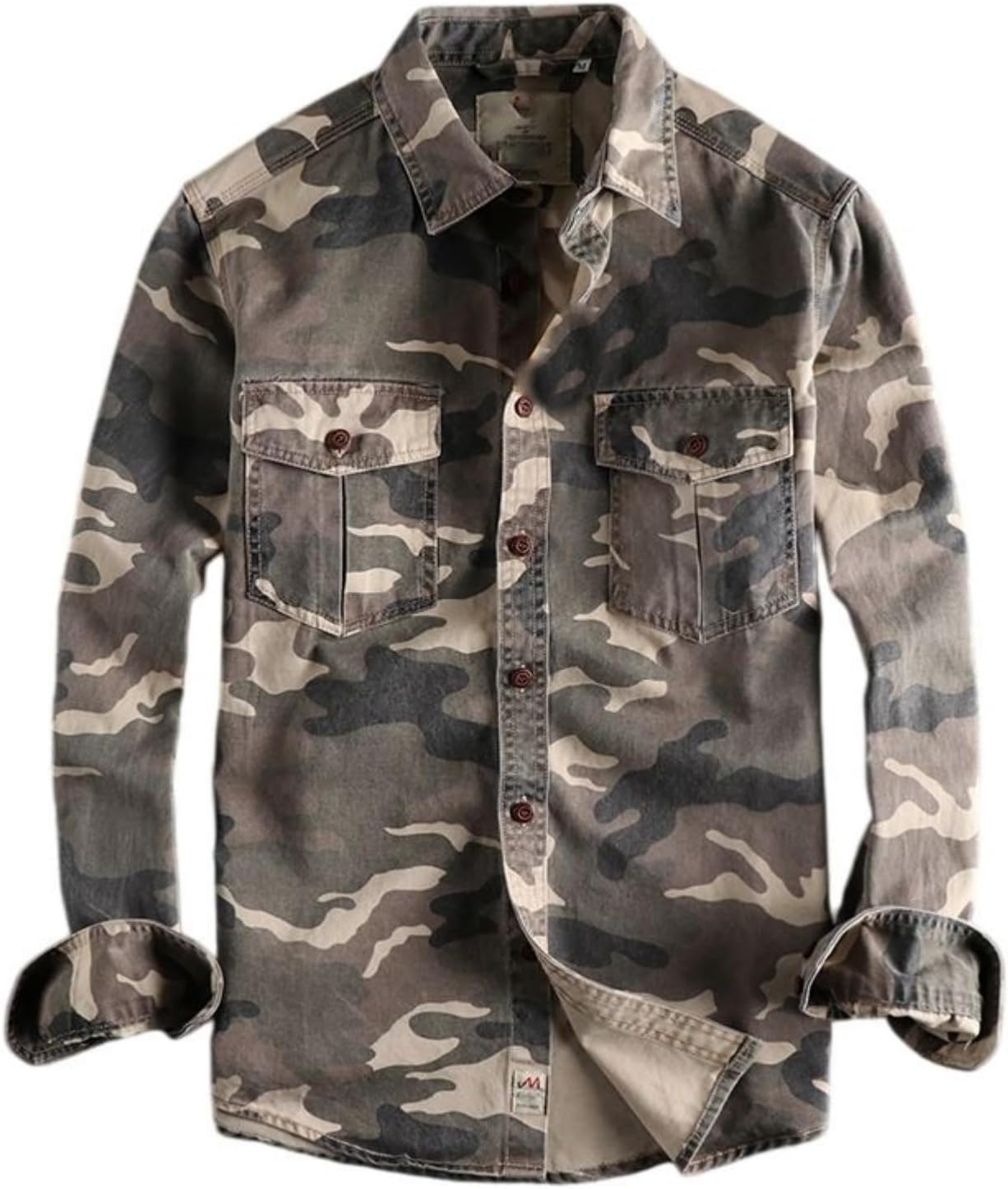 Men's Cotton Camo Military Style Long Sleeve Work Shirt Relaxed Fit Dual Pockets Washed Breathable