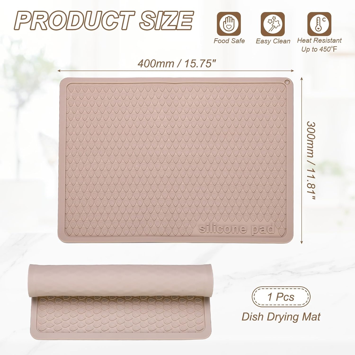 PATIKIL Dish Drying Mat, 16 x 12 Inch Silicone Heat Resistant Drying Pad Stove Top Cover for Kitchen Counter Sink Stove Refrigerator Drawer Liner, Reddish Brown