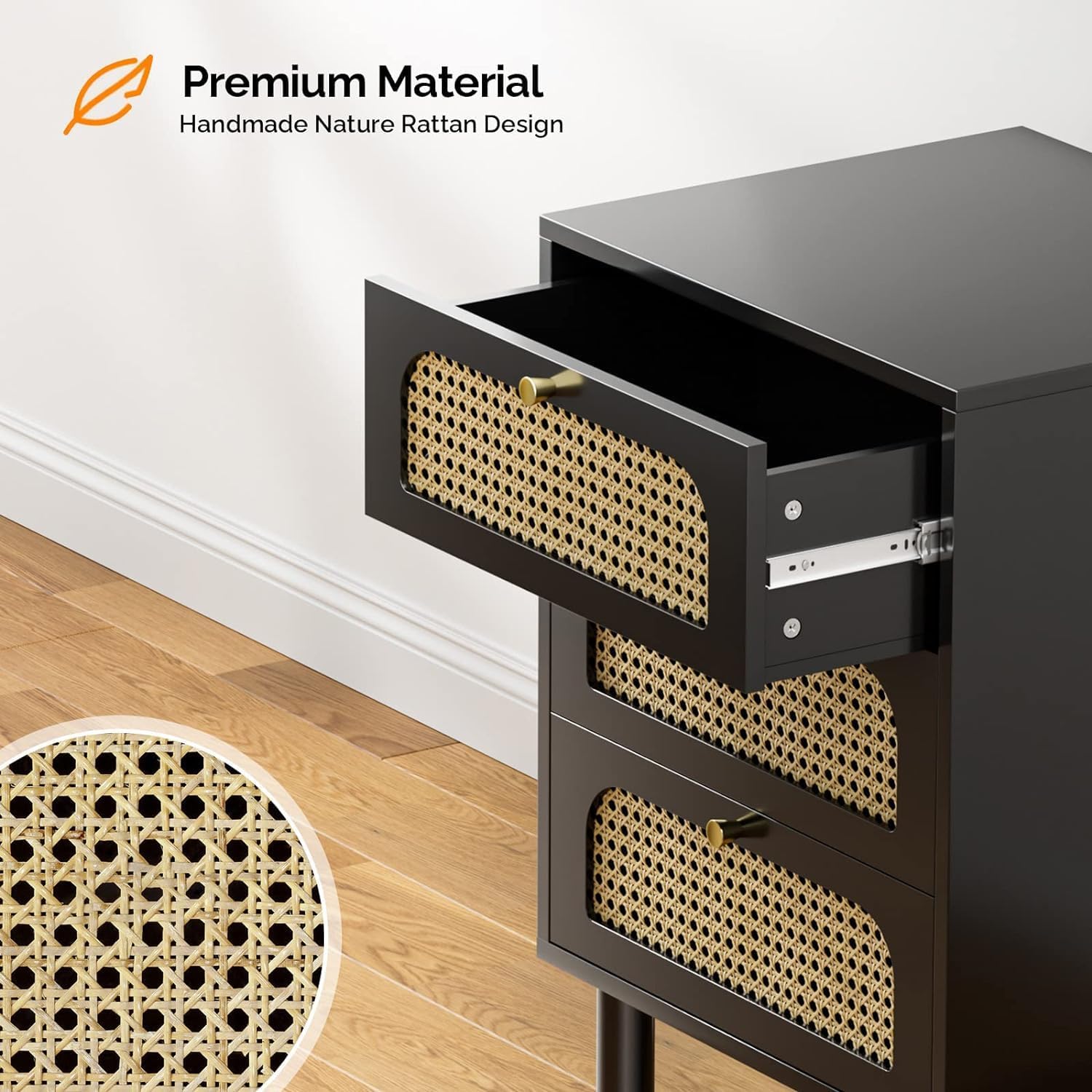 VINGLI Rattan Nightstand with Charging Station, 27" Tall Black Nightstand with 3 Drawers for Bedroom, Boho Mid Century Modern End Table/Side Table/Bedside Table (Black, 1 Pack)