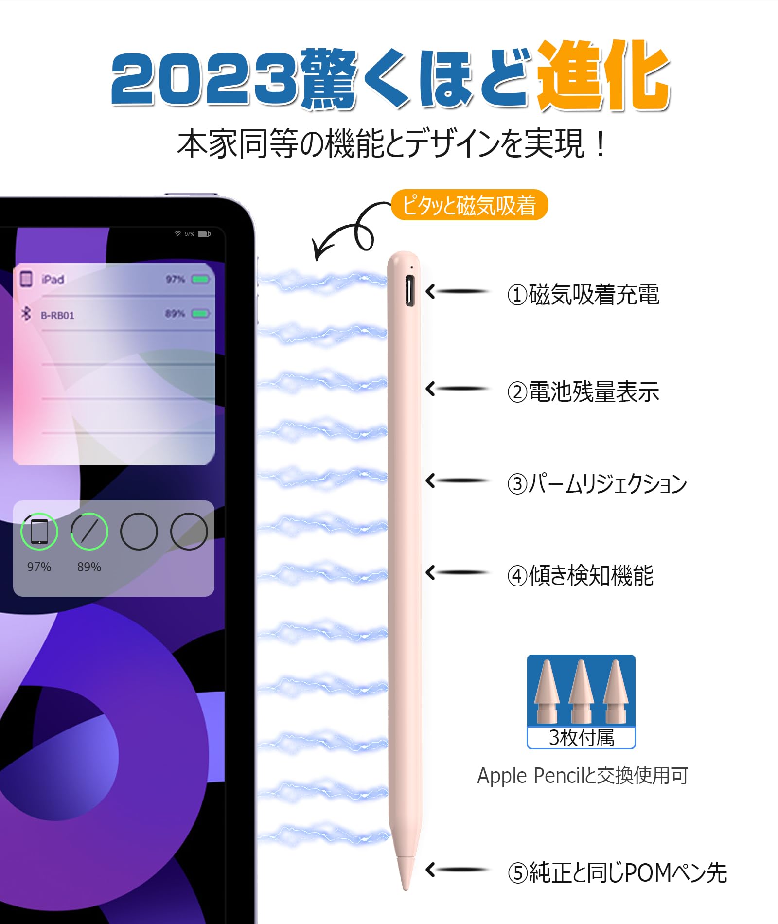 Amazon | 【2023年新登場 ワイヤレス/Type-C急速充電】タッチペン iPad 
